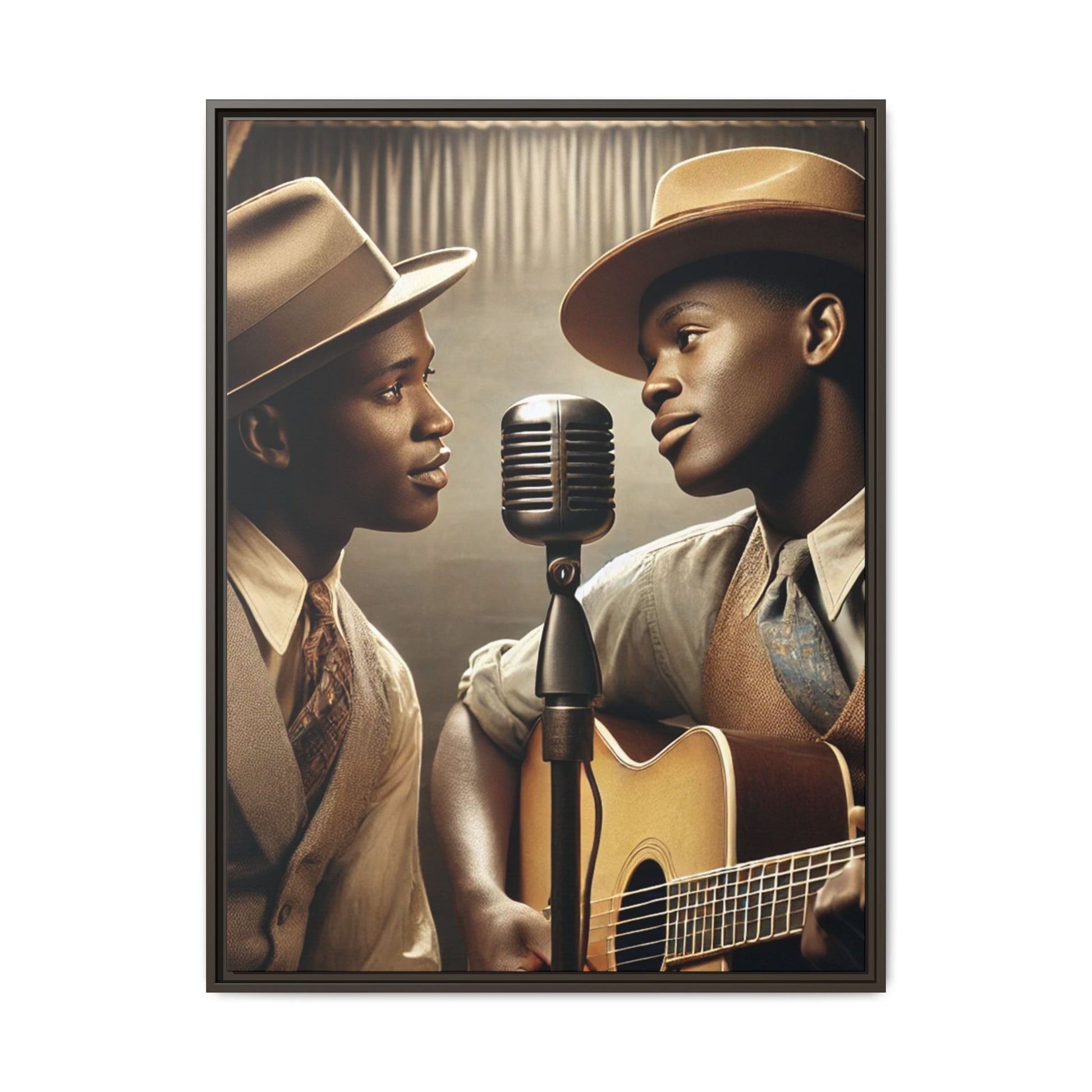 Artwork of an African-American gay couple recording a song in a 1930s-style studio. Dressed in vintage attire with fedoras and ties, they share a close, tender moment around a classic microphone, capturing love, music, and cultural heritage in a nostalgic setting