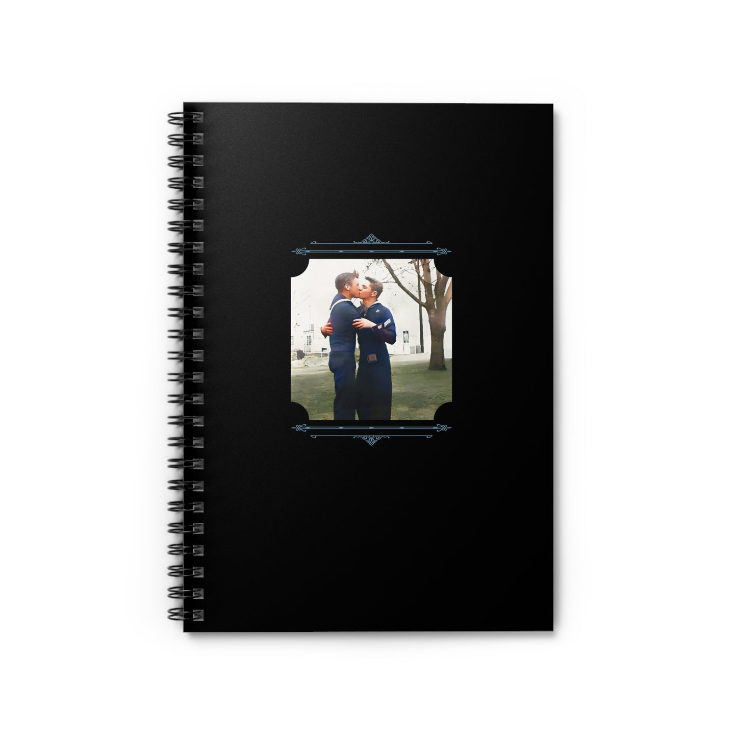 Spiral notebook featuring a vintage WWII photo of two sailors kissing on grass in small-town America.