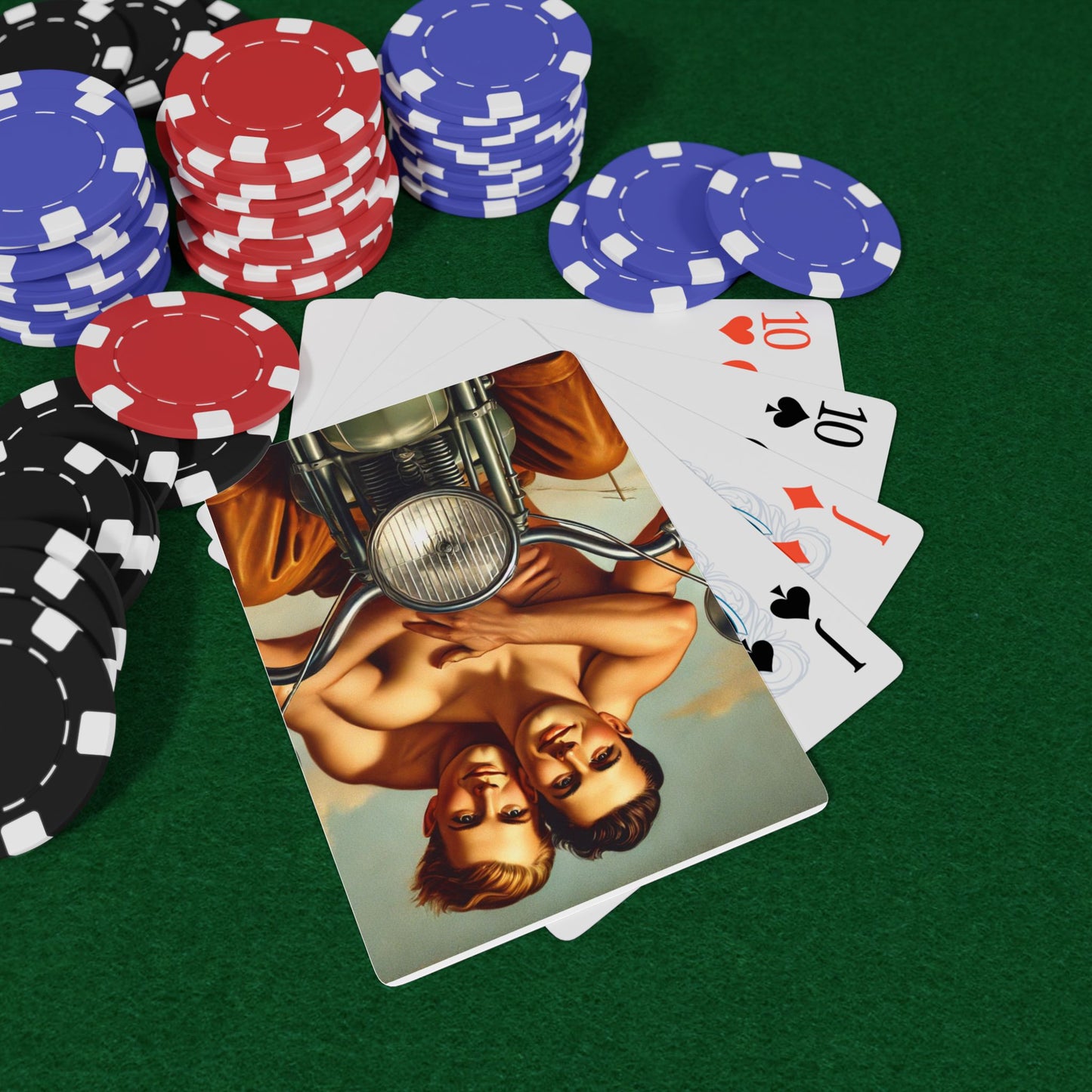 Vintage-style poker cards featuring a Grant Wood-inspired illustration of two men on a motorcycle, symbolizing queer history and freedom.