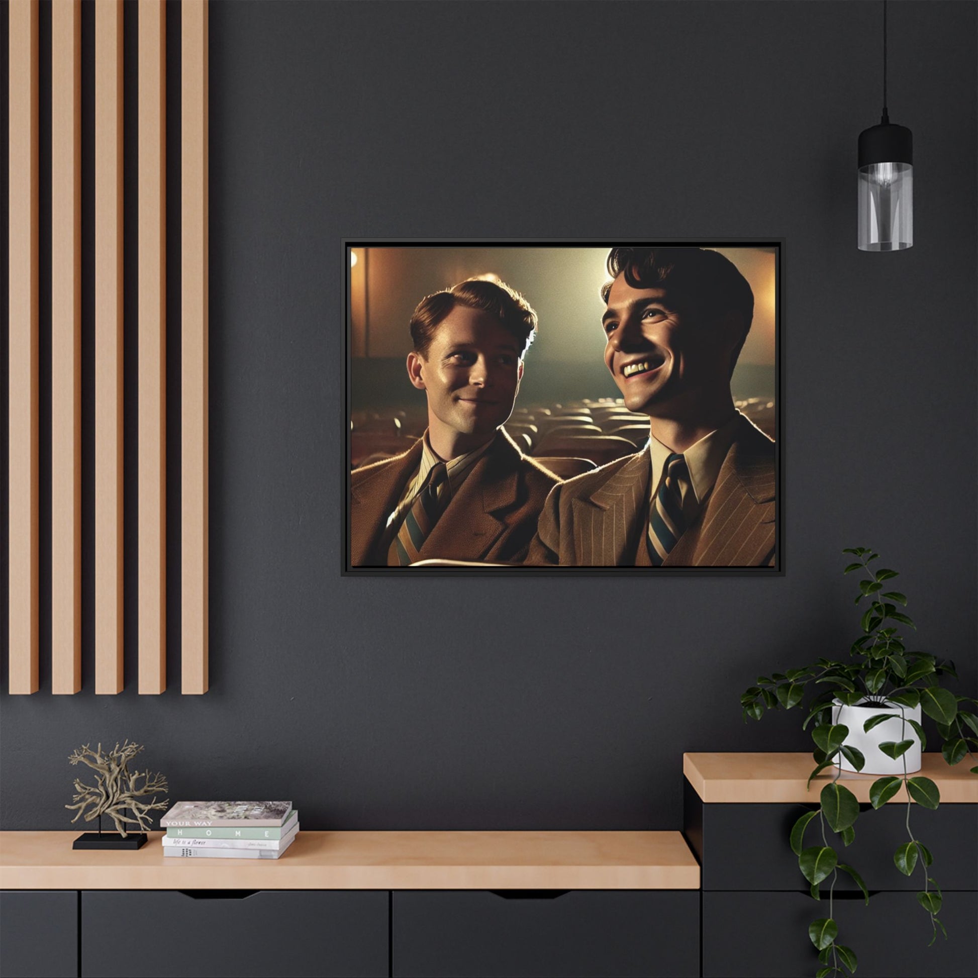 Vintage-style photo of two young men sharing an intimate moment on a date in a 1930s movie theater. Dressed in classic pinstripe suits, their smiles and close connection evoke the warmth and charm of the era, celebrating LGBTQ+ history and timeless romance.