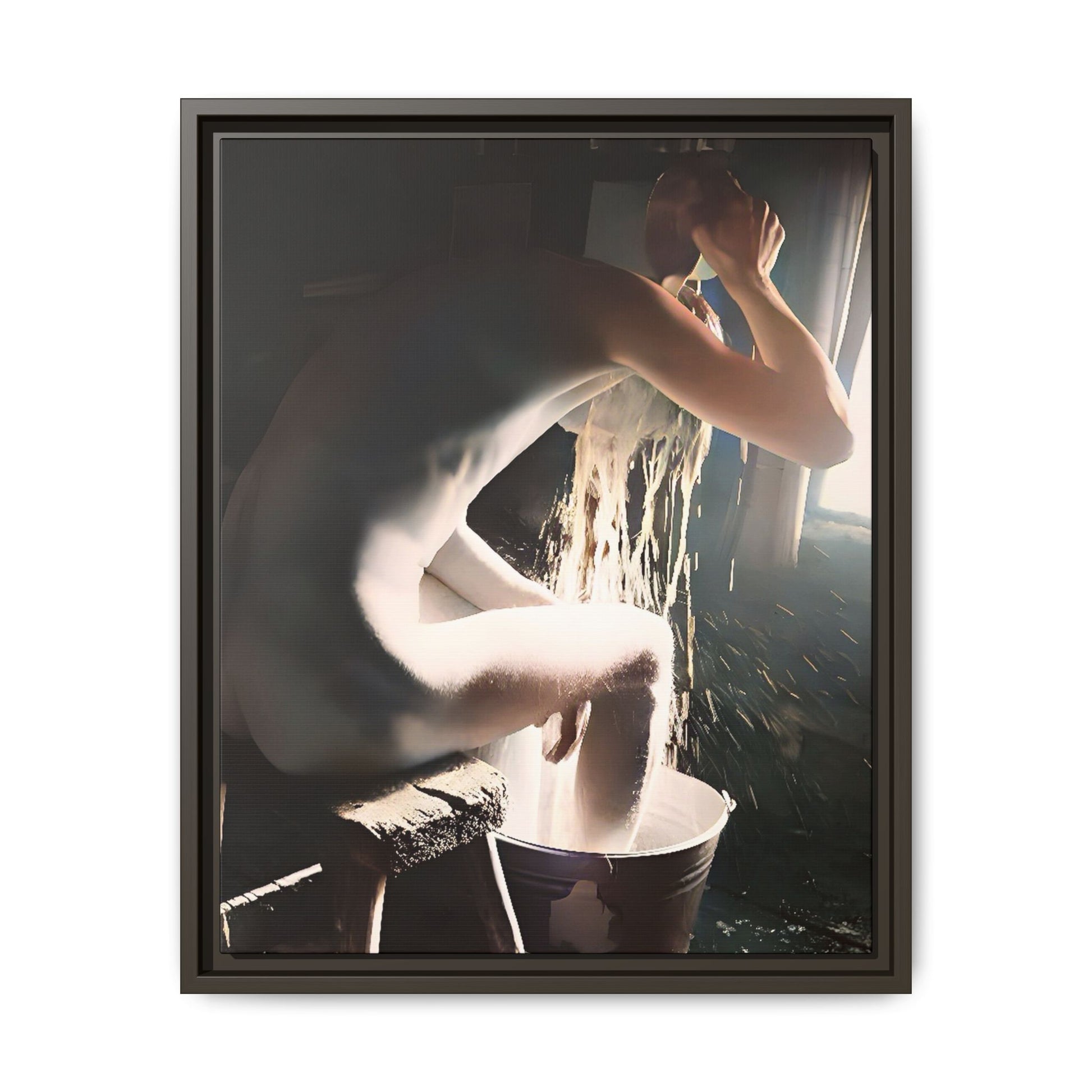 Restored early 20th-century photo of Roy during a rustic bathing ritual in Rock Springs, Wyoming, framed as wall décor celebrating simplicity and renewal.