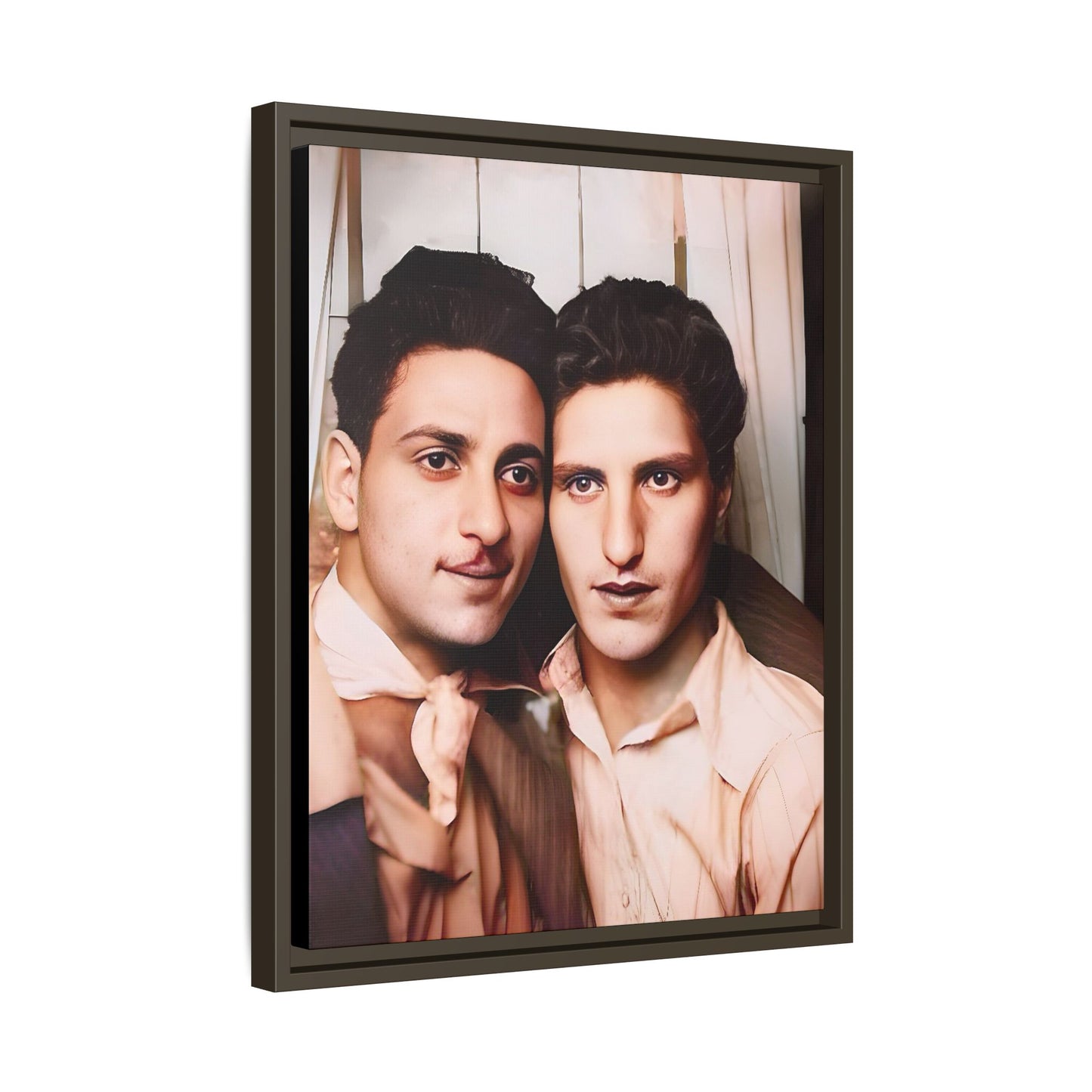 A framed vintage photo booth portrait on matte canvas featuring Juan and Lawrence in Santa Monica, California, capturing timeless LGBTQ+ love and companionship. Gay Couple