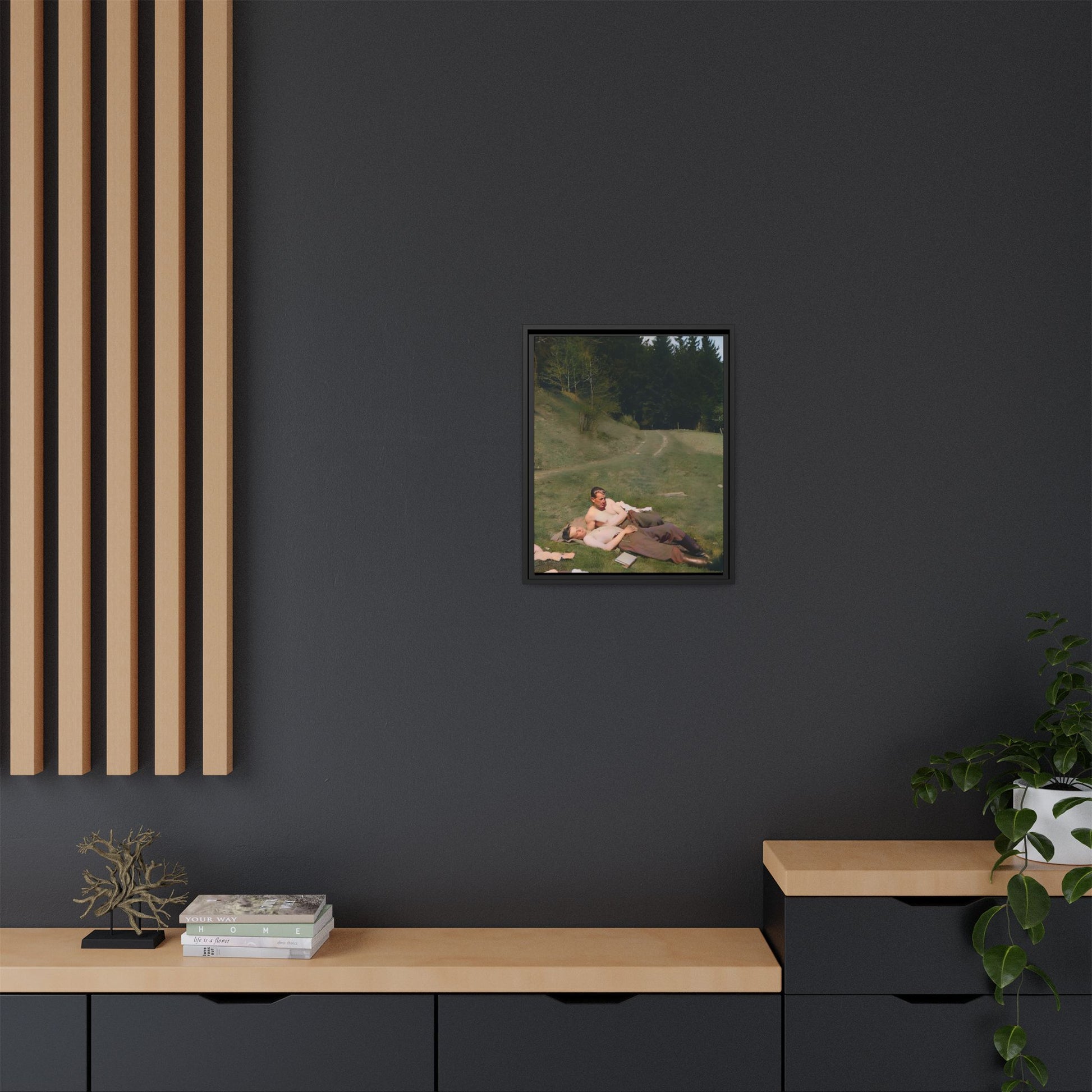 A framed vintage portrait on matte canvas featuring Anthony and Claude in the Belluno Dolomites, capturing nature, serenity, and timeless connection. Gay Couple, LGBTQ Soldiers