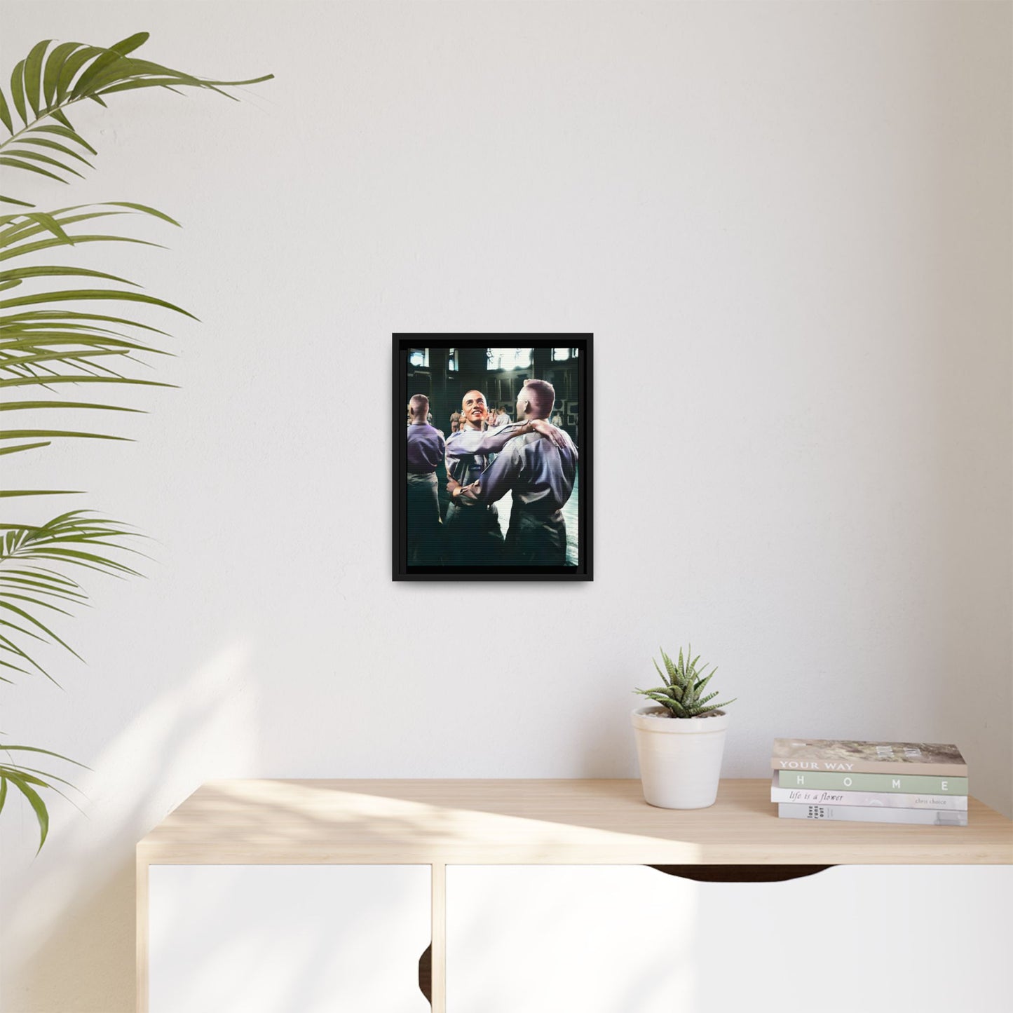 Restored mid-20th century photo of two men dancing at a USO event in Fort Belvoir, celebrating LGBTQ+ love and resilience, framed as wall décor Gay Couple