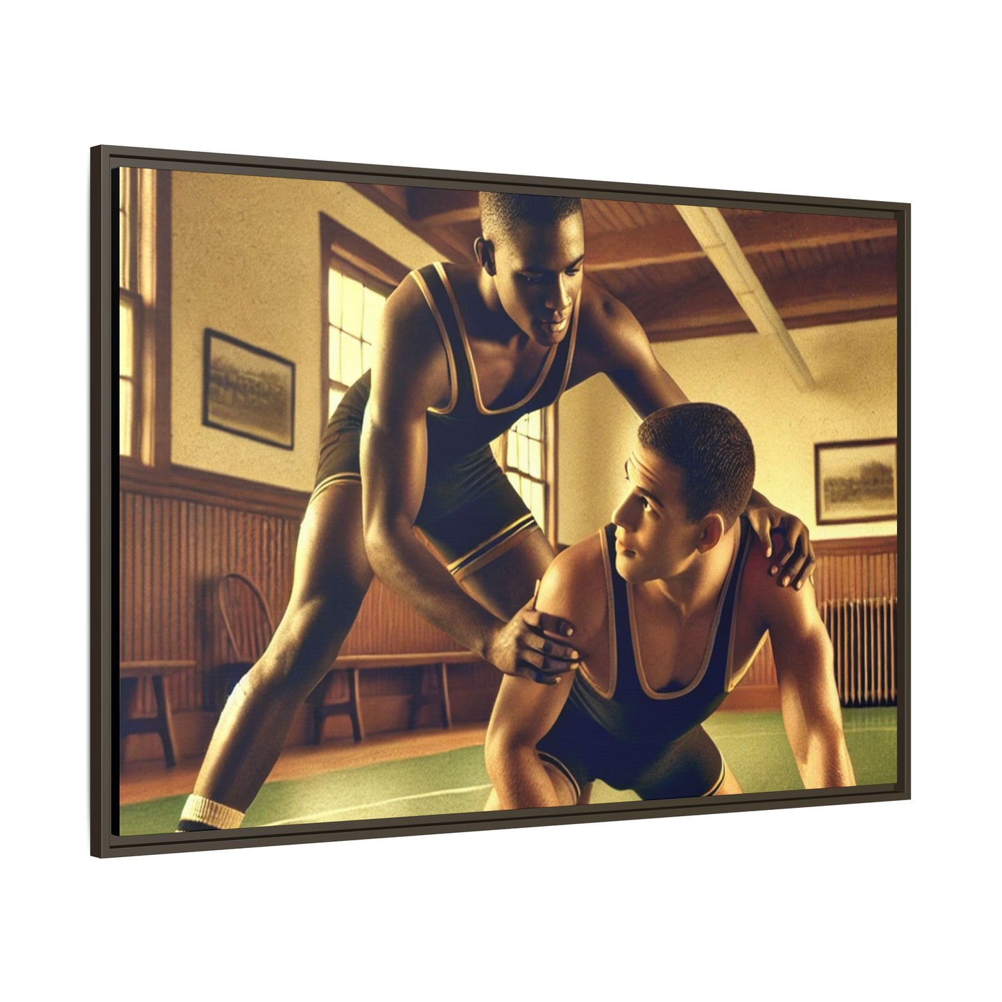 Framed canvas artwork inspired by Grant Wood featuring African-American and European-American wrestlers in a vintage gymnasium. A tribute to unity, diversity, and regionalist art.