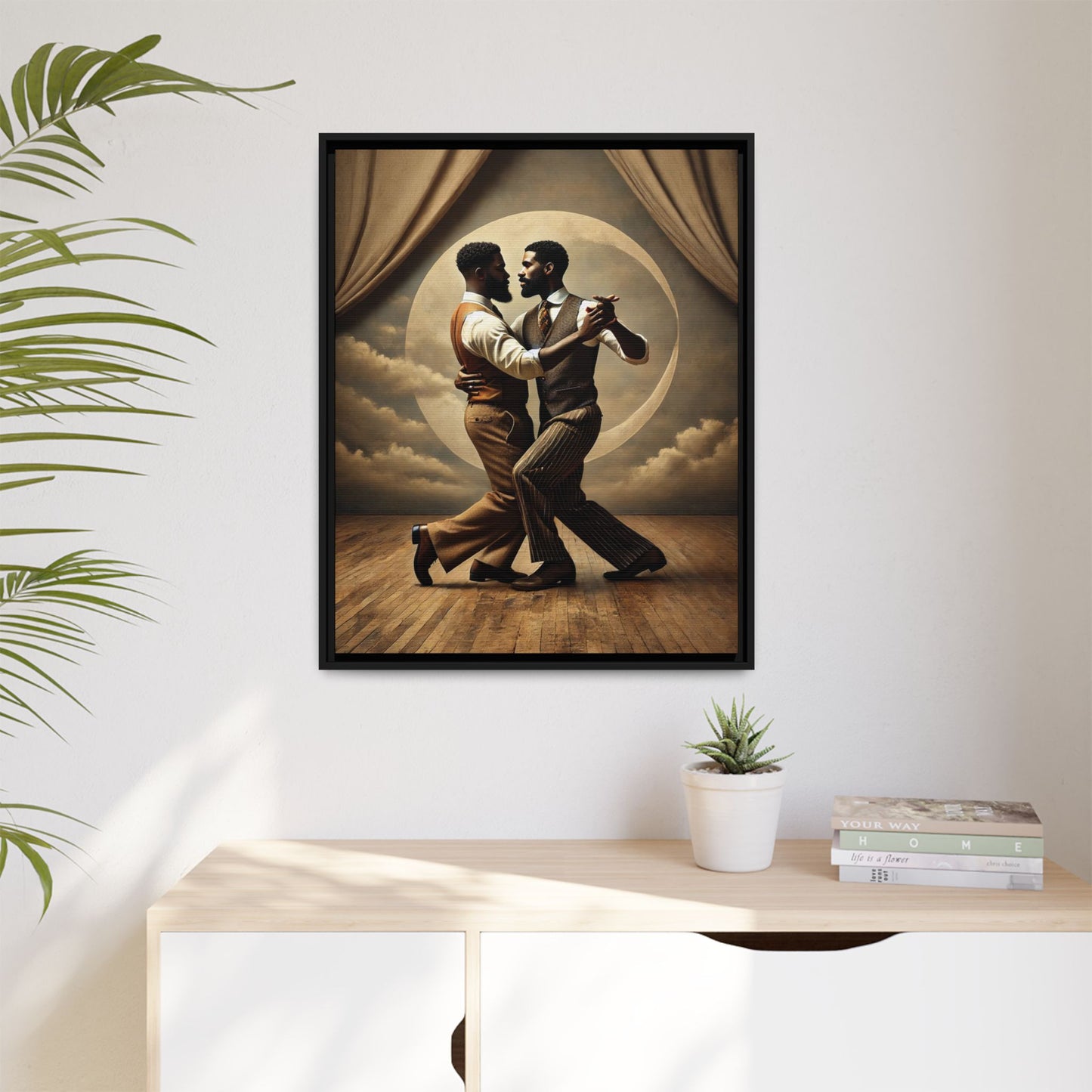 Original artwork of two Black men ballroom dancing in vintage 1920s suits under a glowing moon backdrop. A romantic and powerful tribute to queer love and Black history that reclaims moments lost to systemic bias and cultural erasure.