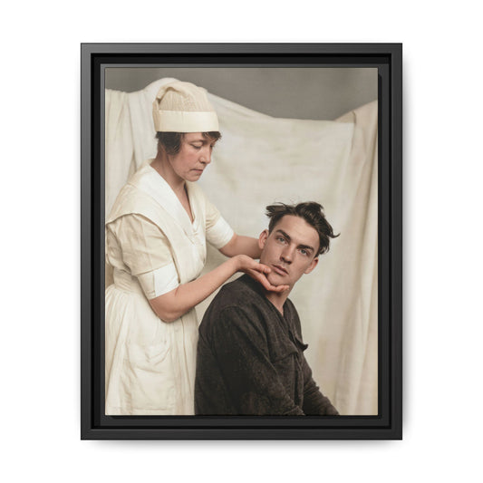 Restored historical photograph of a white-uniformed caregiver supporting the jaw and neck of a seated man in dark clothing.