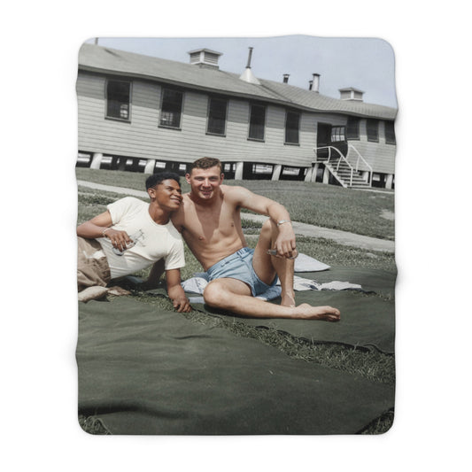 Cozy fleece throw with restored historical outdoor leisure portrait and barracks backdrop