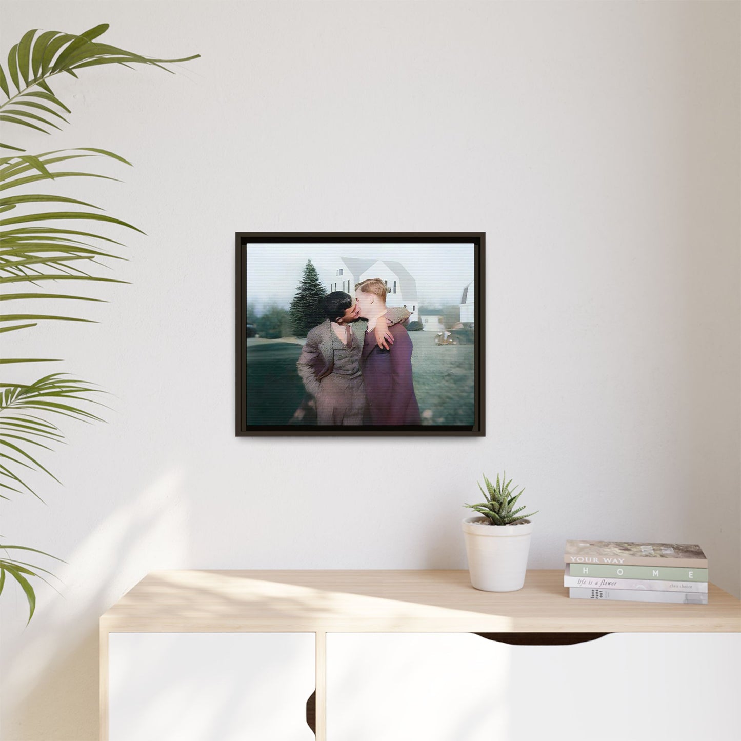 A vintage LGBTQ+ portrait of Milton & Shawn in Londonderry, NH. This framed matte canvas captures a timeless moment of love and resilience, making it a perfect piece for collectors, history enthusiasts, and those celebrating love in all forms. Gay Couple Art