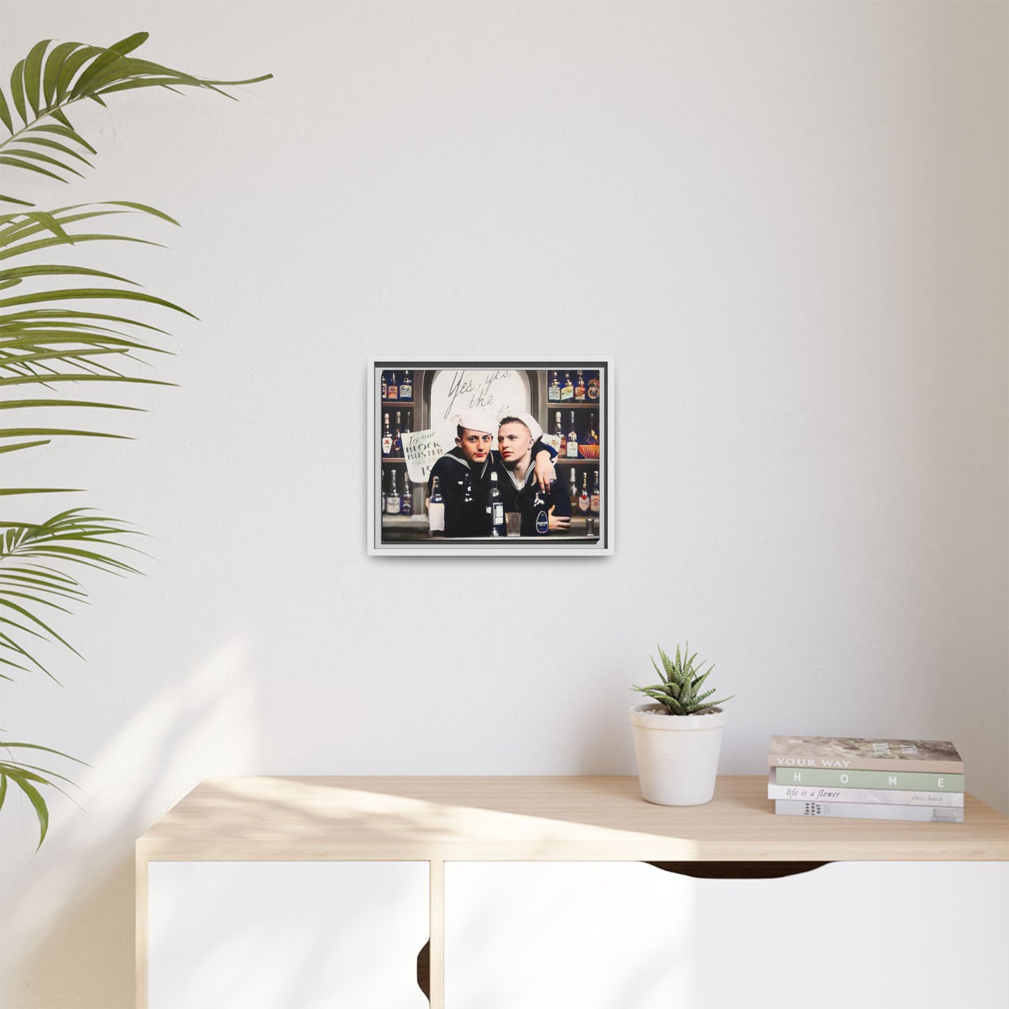A restored vintage photo of Matt & Cory at Naval Air Station Alameda, CA. This framed matte canvas print captures camaraderie, LGBTQ+ history, and the spirit of military service, making it a unique and nostalgic keepsake for history lovers. Gay Couple Sailors