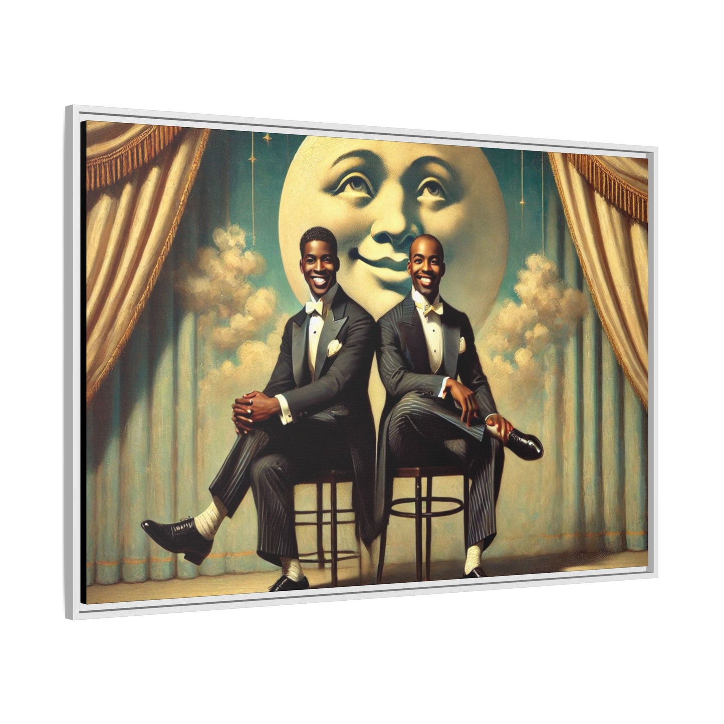 Framed vintage-style portrait of two Black men in tuxedos seated under a smiling crescent moon prop with golden curtains and cloud backdrop. This restored matte canvas honors lost LGBTQ history and reclaims early 20th-century queer representation with pride.