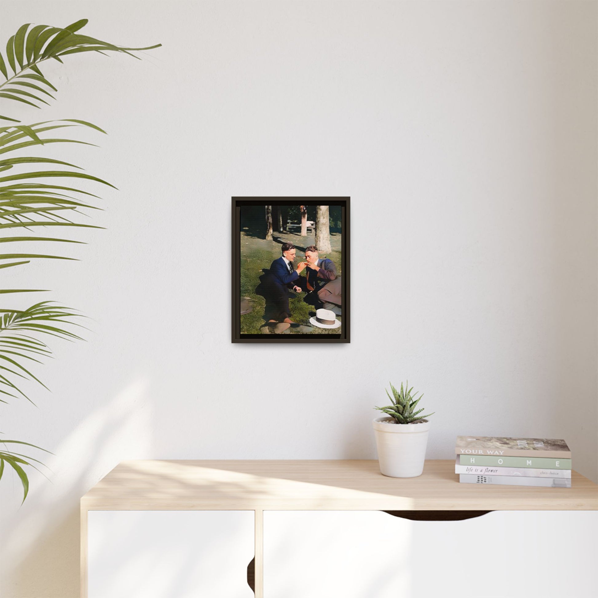 A framed vintage portrait on matte canvas featuring Oscar and Iván in Central Park, Manhattan, capturing timeless love and 1920s elegance. Gay Couple Queer History