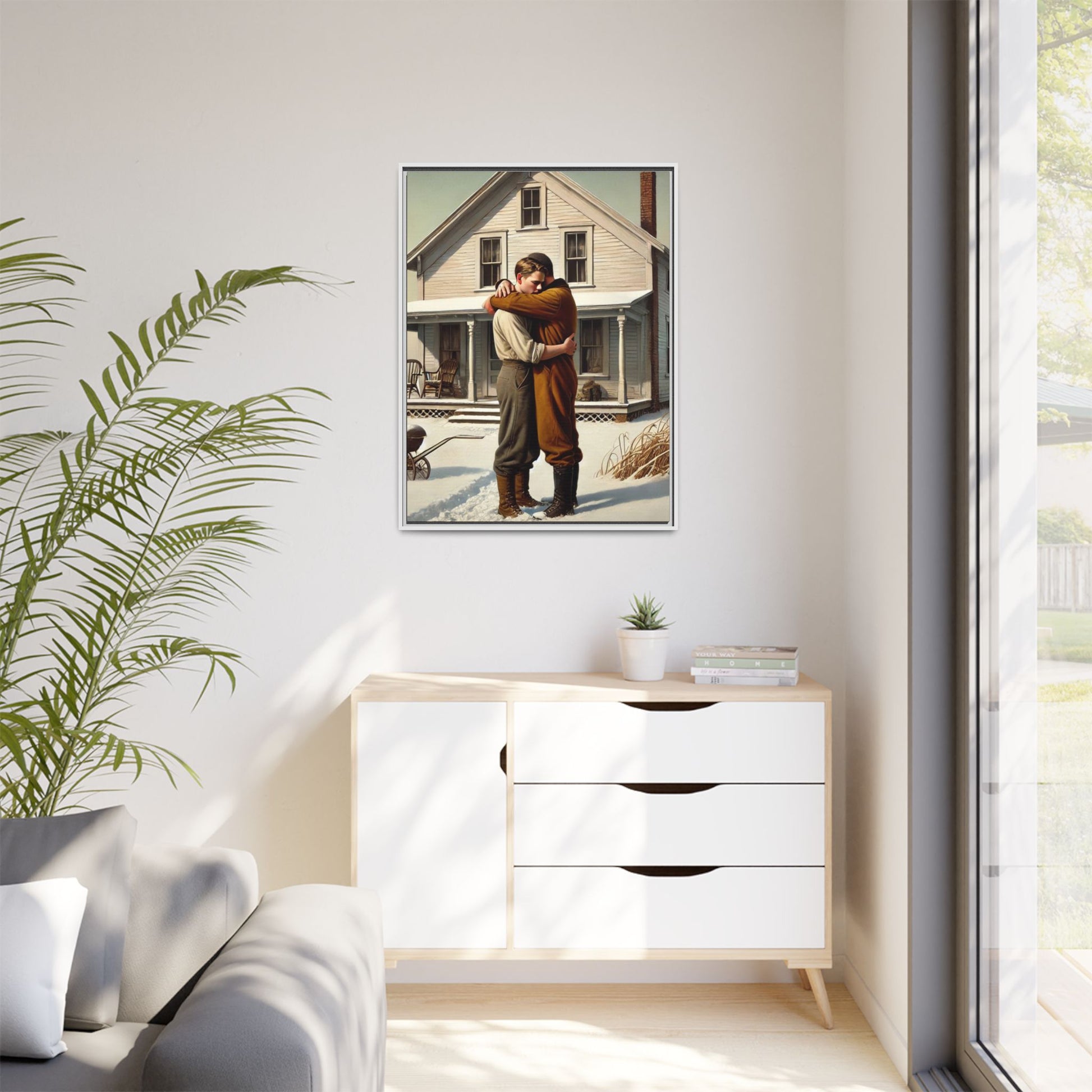 Artwork of a tender moment between a gay couple embracing outside a farmhouse in a snowy, rural landscape. Dressed in vintage attire, the two men find warmth and comfort in each other’s arms, capturing love and connection in a serene, Americana winter setting