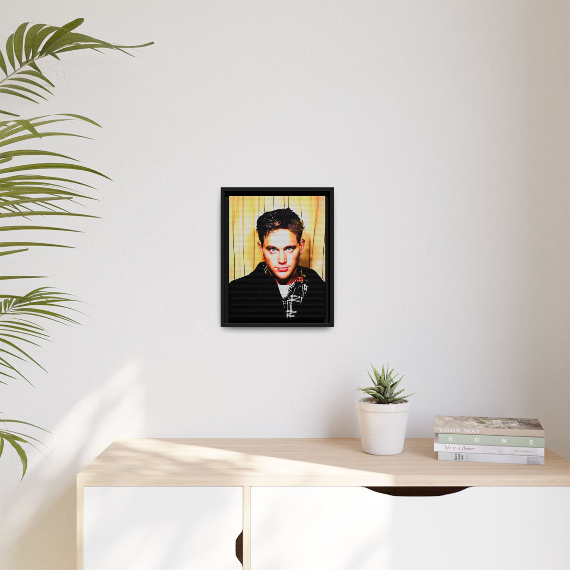 A nostalgic 90s photo booth portrait of Jake at Deadwood Bar, Iowa City. This framed matte canvas print captures quiet reflection, vintage charm, and raw authenticity, making it a striking statement piece for lovers of retro photography and moody decor.