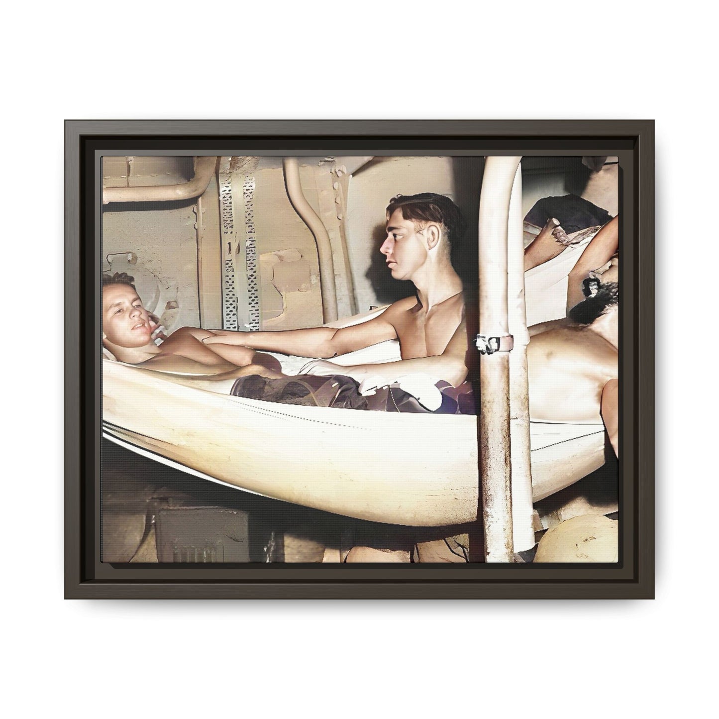 A framed vintage maritime photo on matte canvas featuring sailors aboard the Orleans, capturing life at sea and camaraderie.