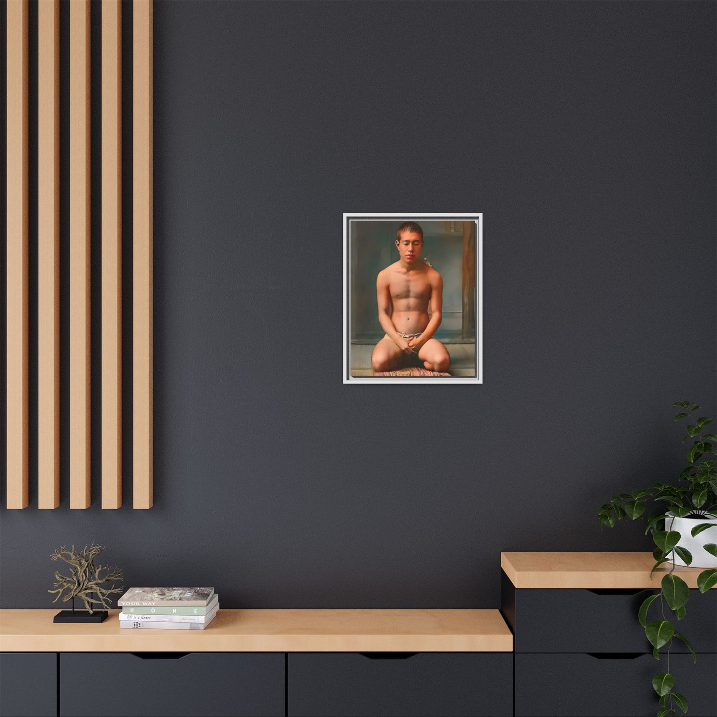 A restored vintage portrait of Minato in Nara, Japan. This framed matte canvas captures mindfulness, serenity, and cultural heritage.