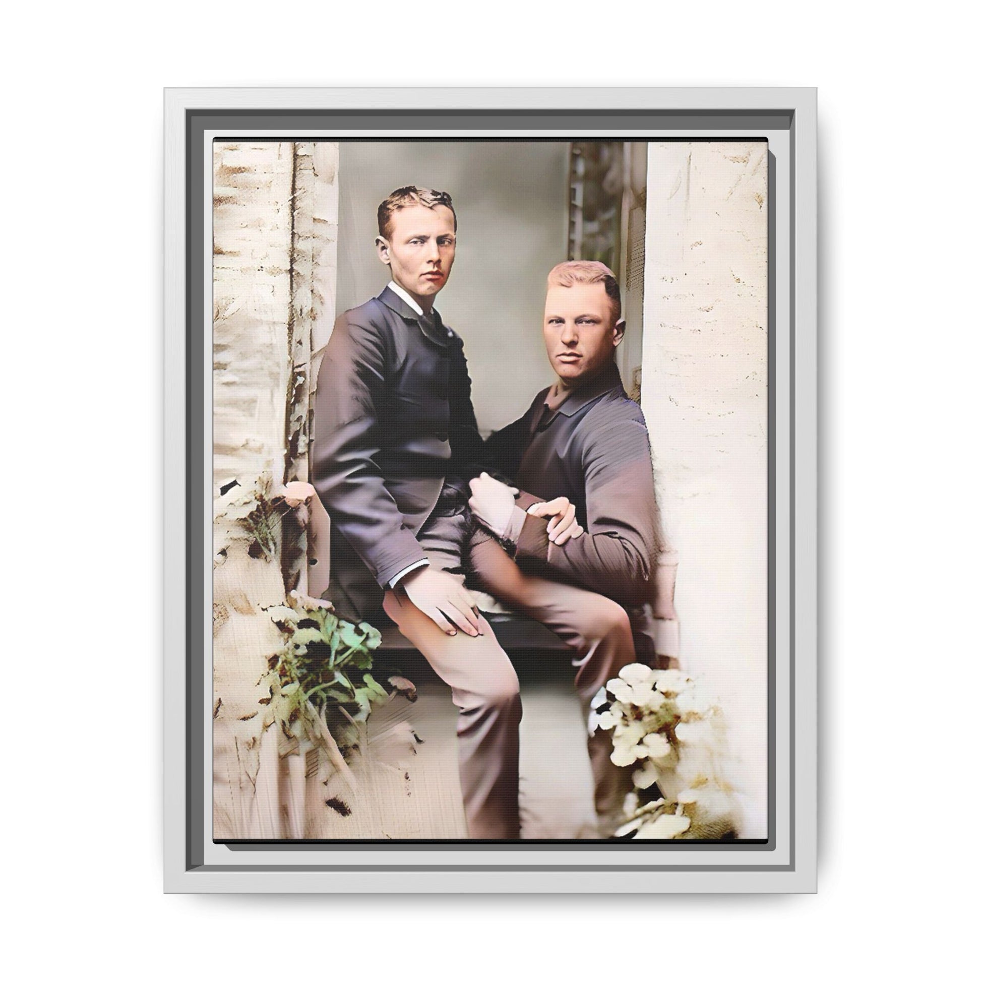 Restored vintage photo of Albert & Harold in tender embrace, Austin TX gay couple, framed art