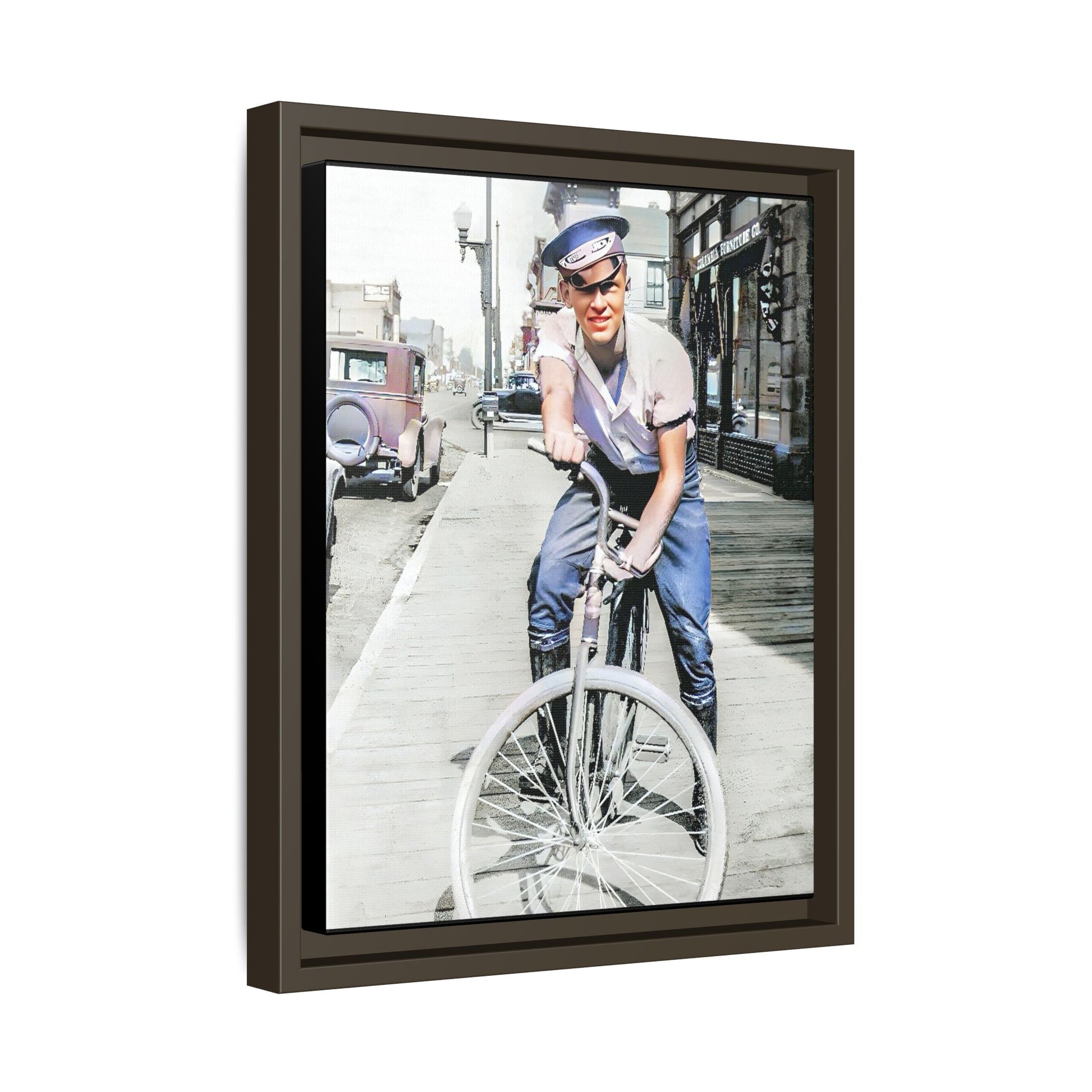 A framed vintage portrait on matte canvas featuring Cecil in Elk City, Oklahoma, capturing the spirit of 1930s small-town Americana. Classic Bicycle Photo