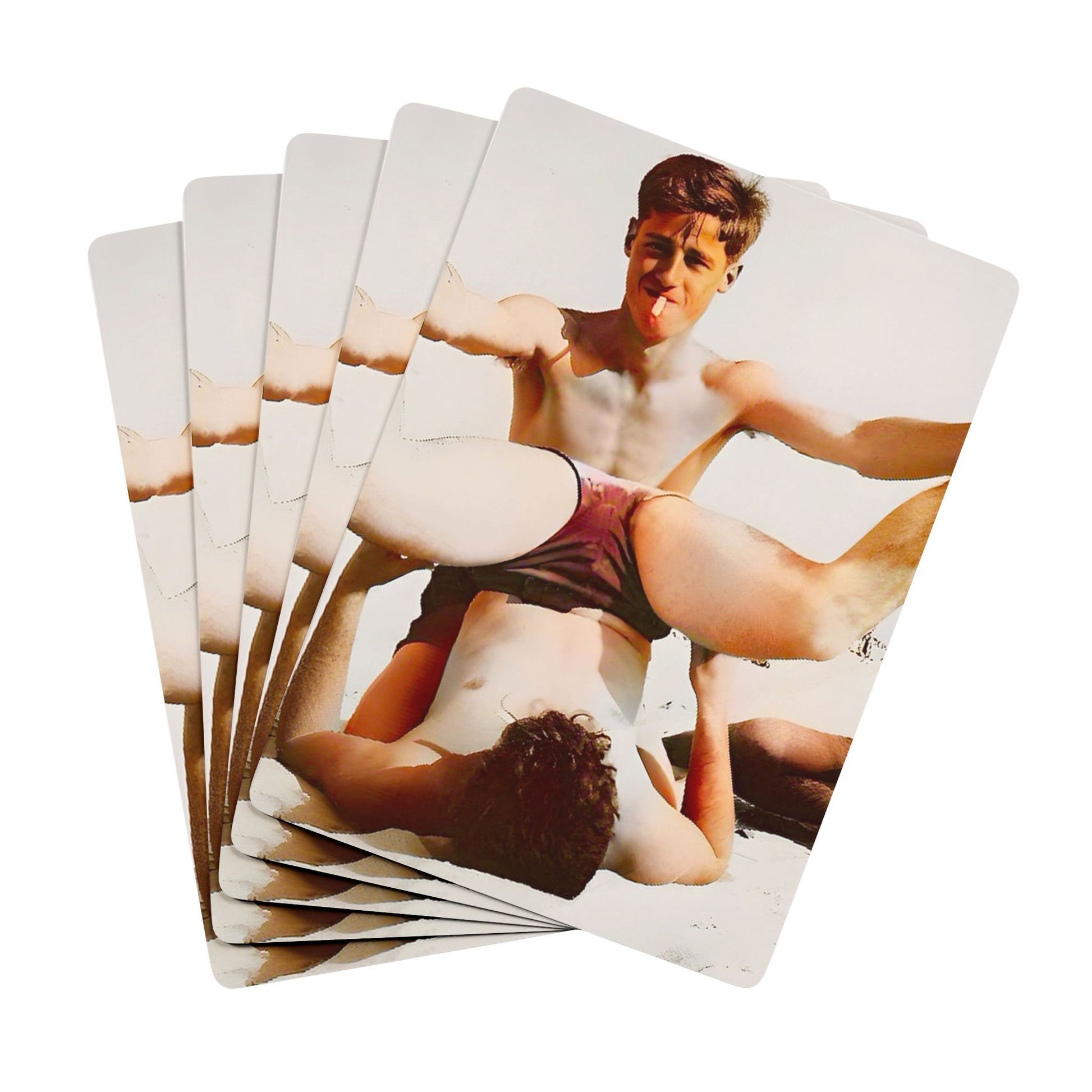 Vintage poker cards featuring a restored beach photo of two young men in playful camaraderie, honoring LGBTQ+ history.