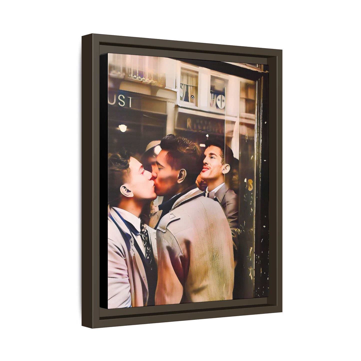 A restored 1950s LGBTQ+ couple portrait of Alejandro & Lorenzo at Mayfair Bar, NYC. A romantic queer history print on matte canvas, capturing love, resilience, and authenticity in a vibrant nightlife setting.