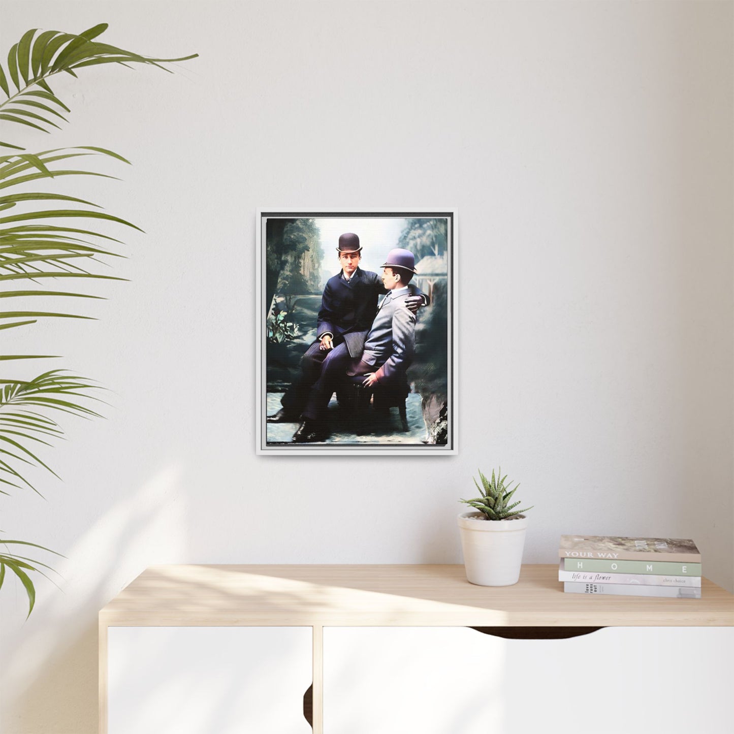 Restored 1800s photo of Cash & Arwood, Irish gay couple in loving pose, framed canvas print