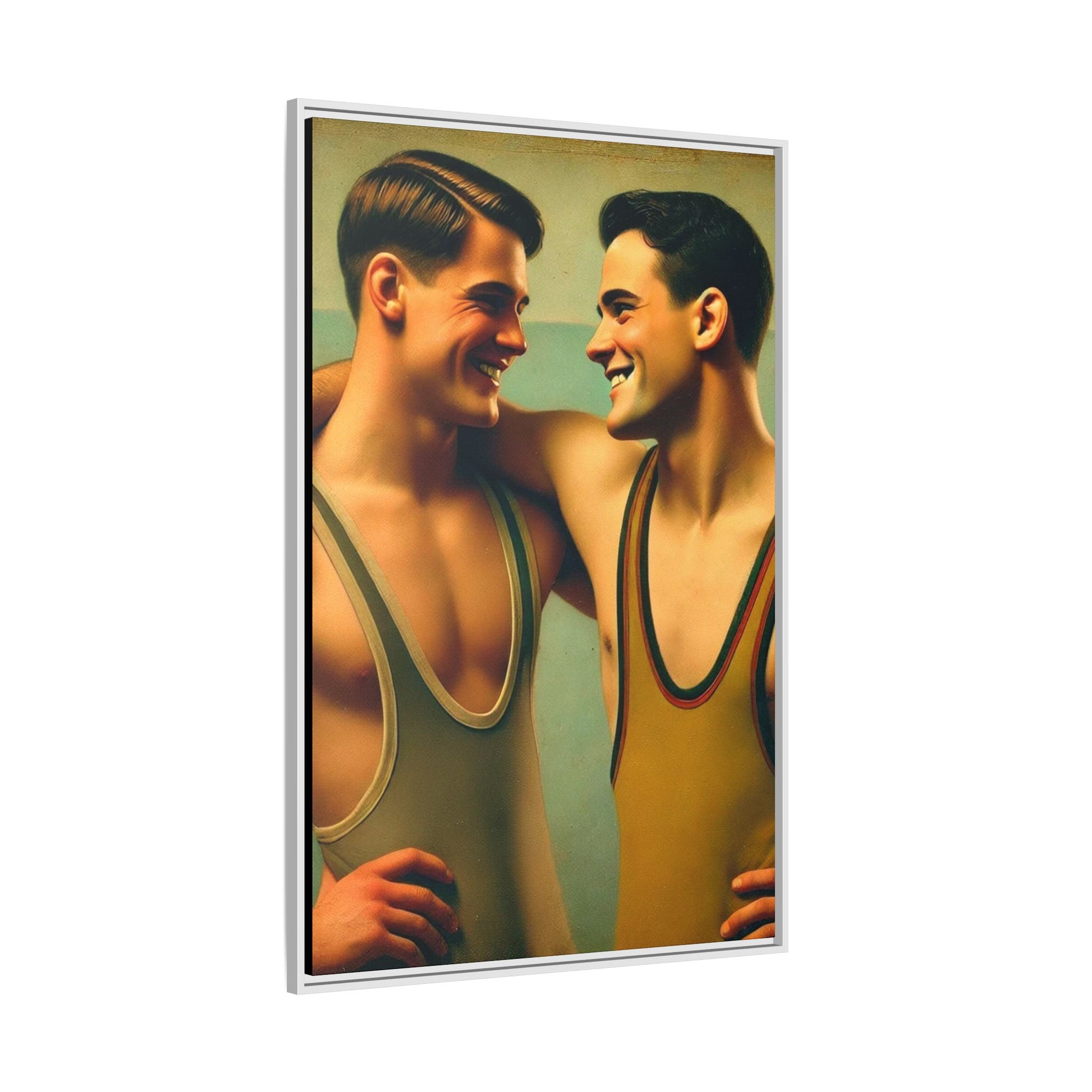 Framed artwork of two young wrestlers in vintage singlets sharing a candid moment, inspired by Grant Wood's Regionalist art style.