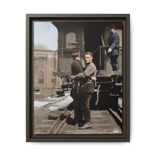 Vintage railroad photograph reproduced as framed canvas wall art