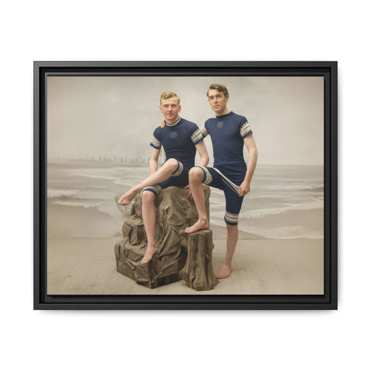 Historical swimwear photograph reproduced as framed matte canvas wall art