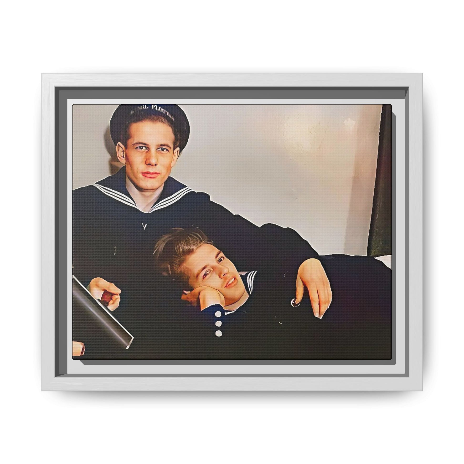 Framed vintage gay sailor portrait of Dmitriy and Mischa in navy uniforms, Sochi, Russia