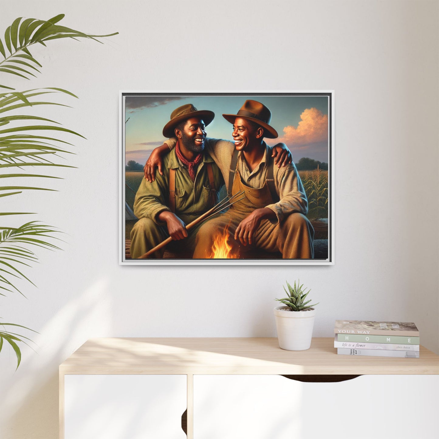 Artwork of an older African-American queer couple sharing a warm, joyful moment by a campfire in rural Iowa. Set against vast fields and an open sky, the scene captures love, resilience, and the nostalgic beauty of Americana, with firelight illuminating their laughter and companionship