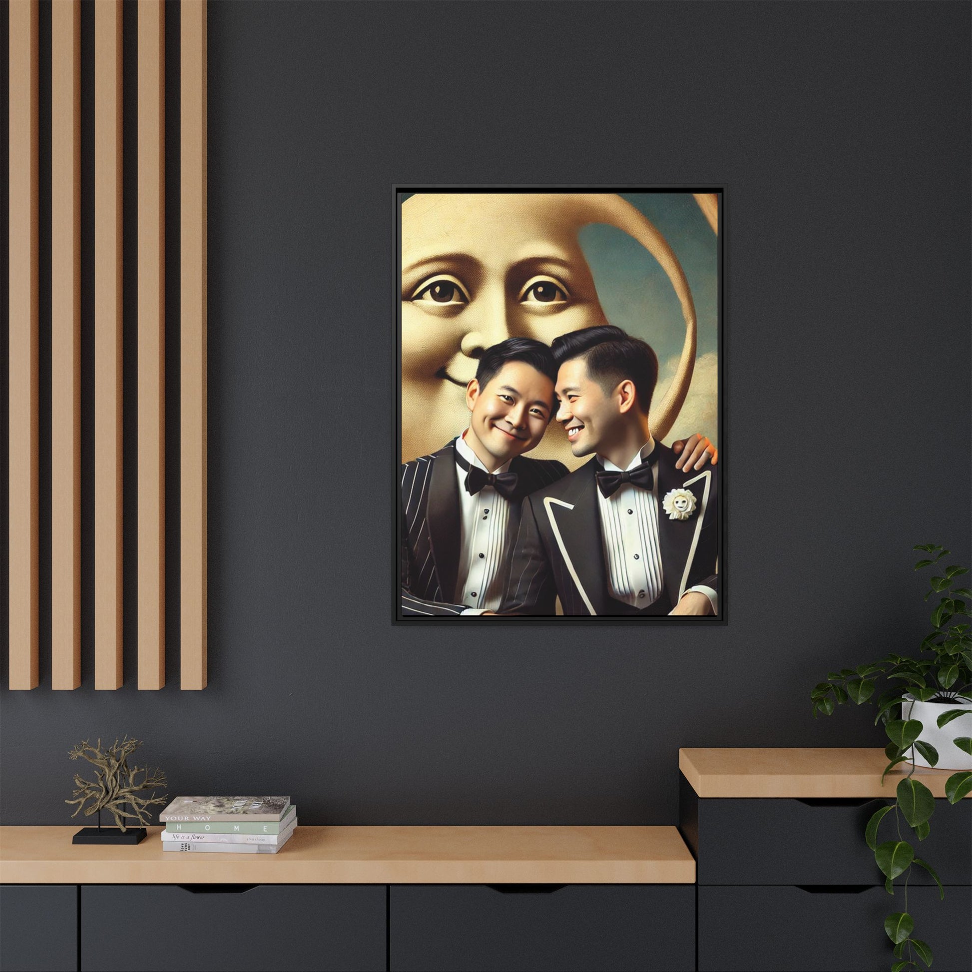 Framed matte canvas featuring a joyful queer Asian couple in tuxedos standing beneath a crescent moon. This artwork, part of the Missing Art Studies series, reimagines erased queer histories with warmth, dignity, and vintage-inspired style.