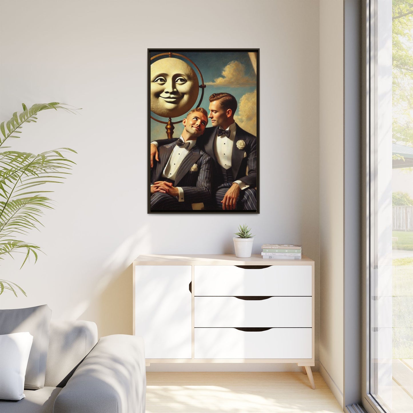 Framed matte canvas portrait featuring two young men in vintage overalls with a crescent moon prop above them. This artwork from the Missing Art Studies series reclaims LGBTQ+ imagery that may have been lost to bias, presenting warmth, intimacy, and presence.