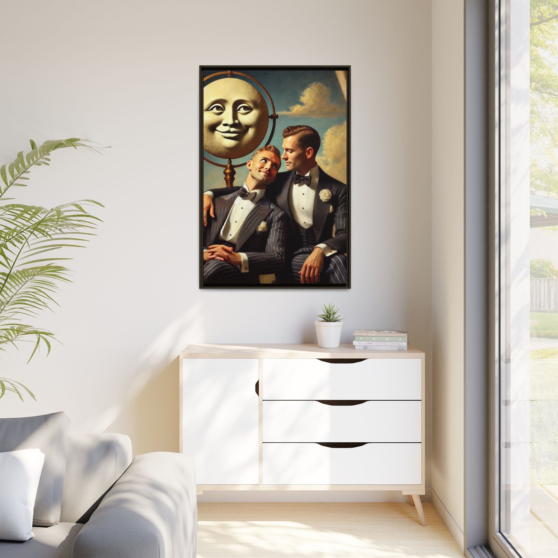 Framed matte canvas portrait featuring two young men in vintage overalls with a crescent moon prop above them. This artwork from the Missing Art Studies series reclaims LGBTQ+ imagery that may have been lost to bias, presenting warmth, intimacy, and presence.