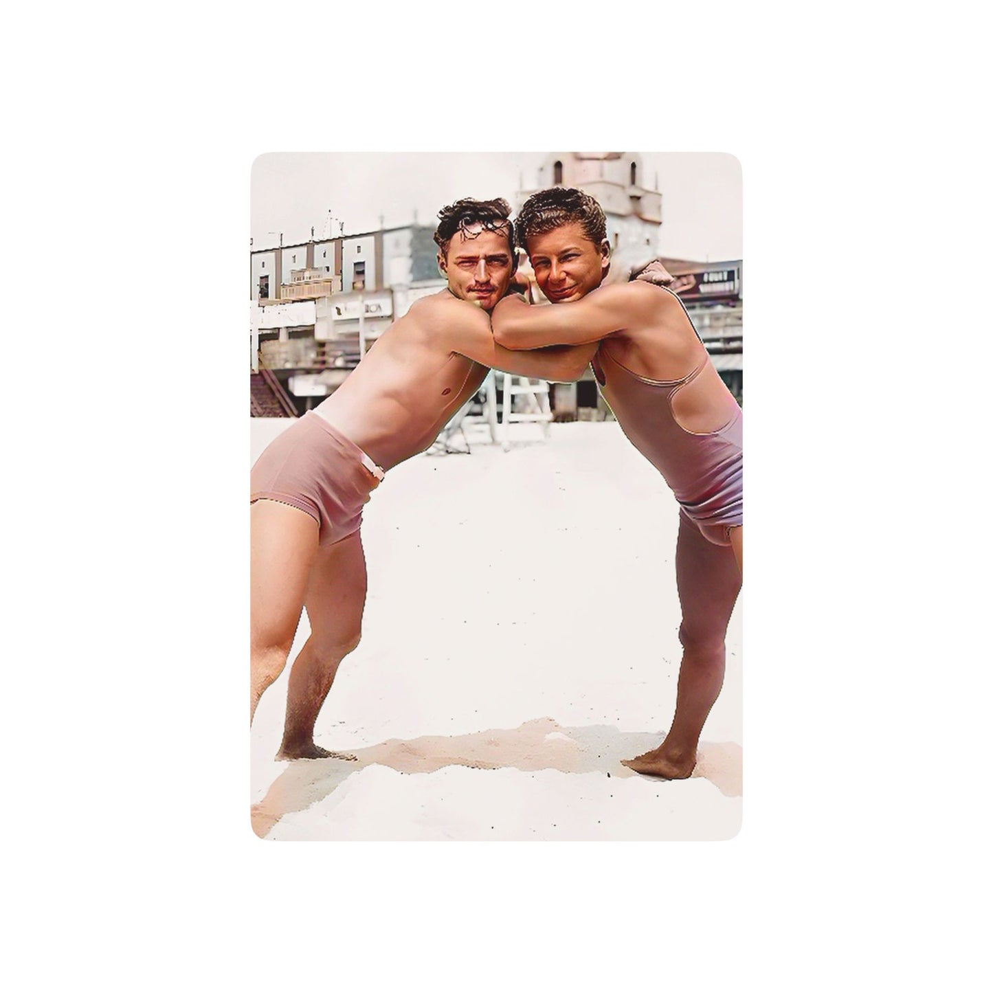 Vintage poker cards featuring a restored image of two men embracing on a beach, honoring LGBTQ+ love and hidden history.