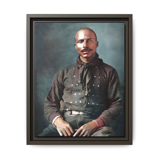 A vintage Western portrait of Jorge, capturing the rugged charm of the Old West in Mesa, Arizona. This framed matte canvas showcases resilience and classic cowboy style, perfect for rustic, Western, or Americana-inspired decor. Hispanic Latino