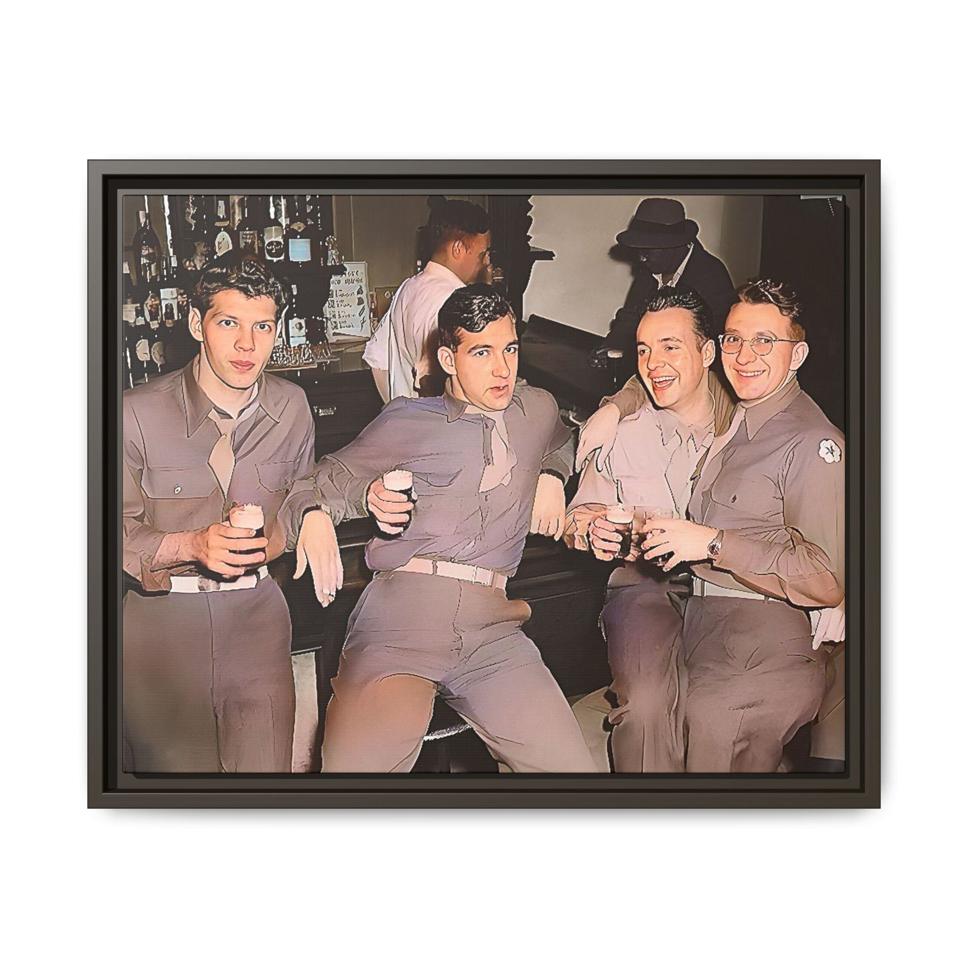 Restored vintage photograph of soldiers in uniform gathered at Jackson's gay bar in mid-20th century San Francisco. Framed matte canvas print celebrating camaraderie, resilience, and LGBTQ+ history