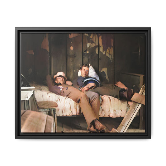 A vintage portrait of Henry & Joseph in a rustic Oregon cabin. This framed matte canvas captures LGBTQ+ history, love, and the beauty of a quiet, intimate moment, making it a timeless and meaningful addition to any collection or home. Gay Couple in bed.