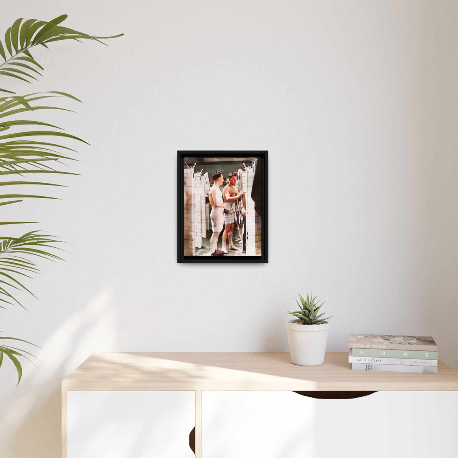 A restored and colorized vintage photo of Everard Baths in Manhattan, NYC. This framed matte canvas print celebrates LGBTQ+ history, capturing the spirit of camaraderie, liberation, and hidden stories from the past.