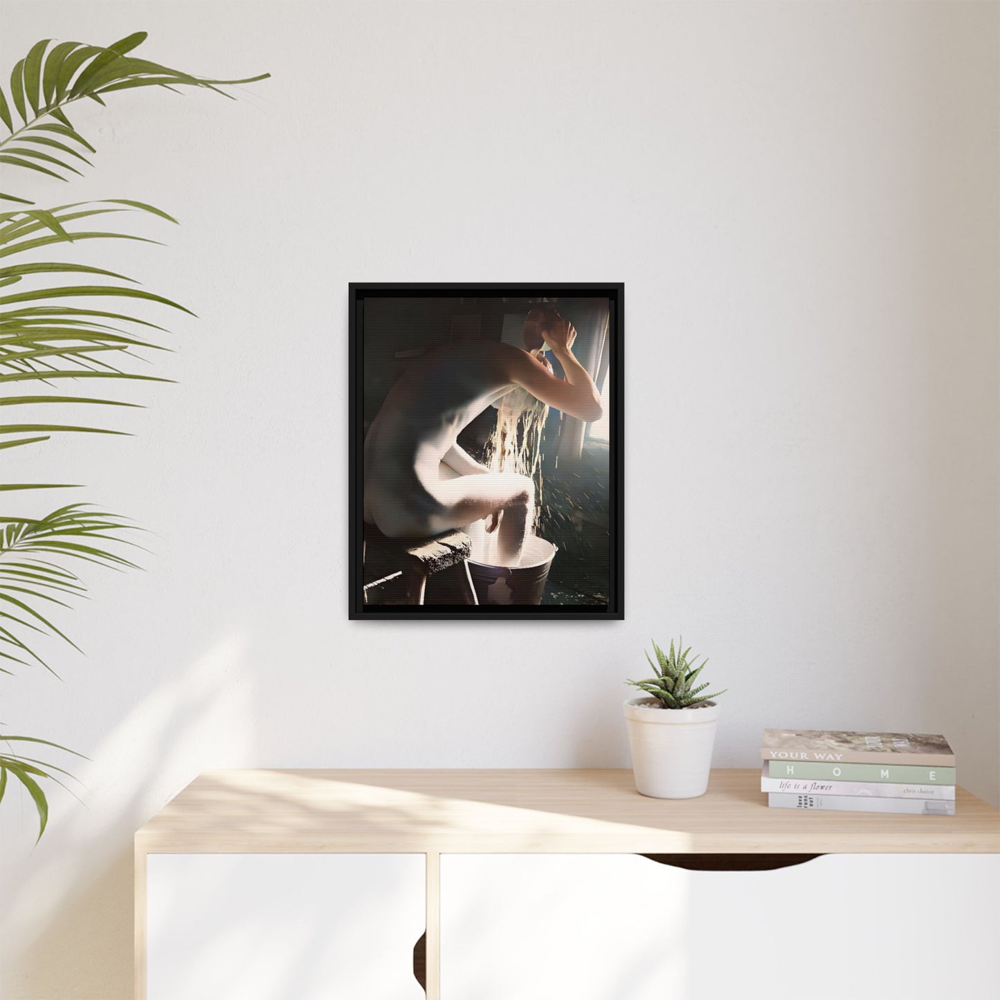 Restored early 20th-century photo of Roy during a rustic bathing ritual in Rock Springs, Wyoming, framed as wall décor celebrating simplicity and renewal.