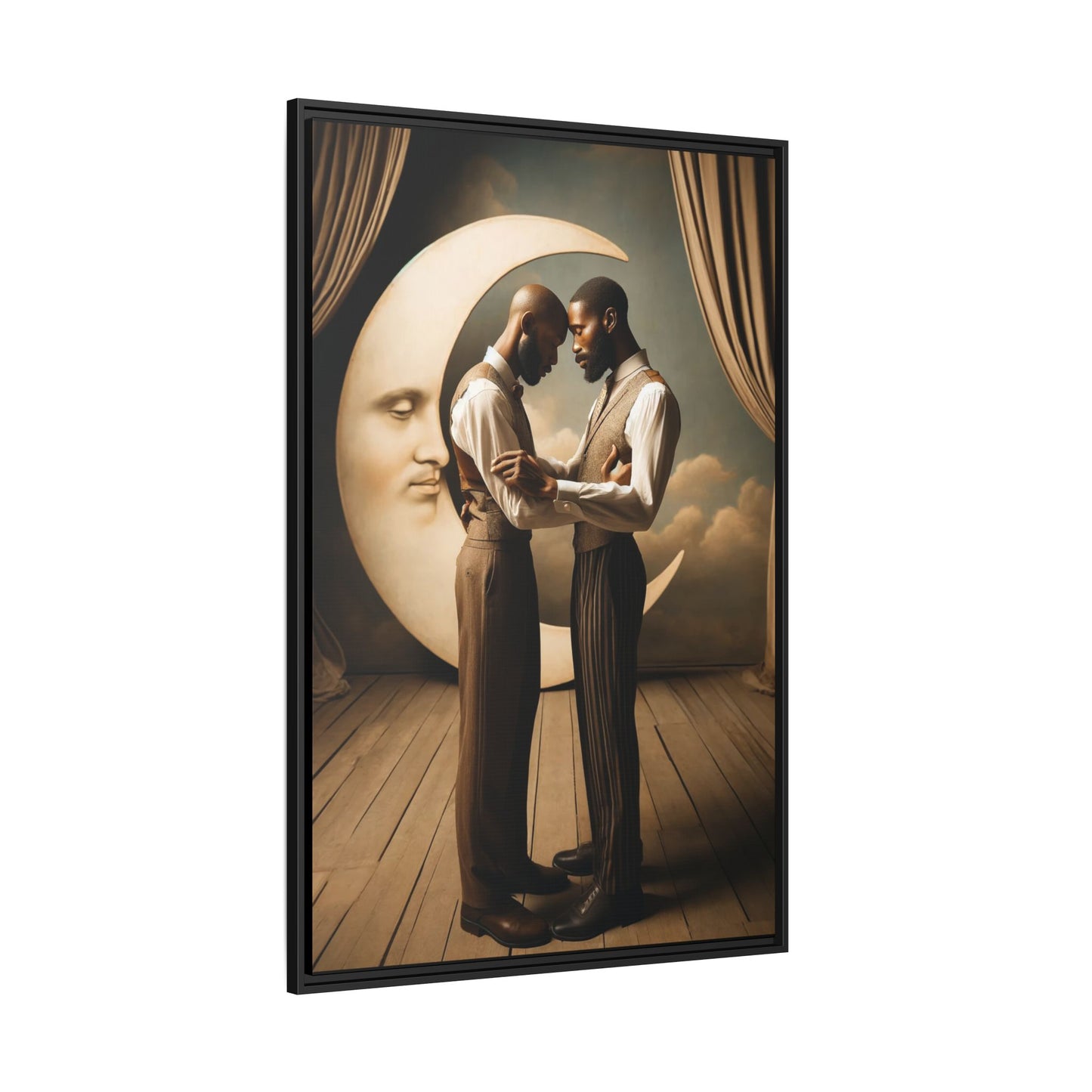Two Black men in vintage 1920s clothing stand forehead to forehead, embraced beneath a glowing crescent moon. A theatrical scene honoring queer love, memory, and history, reclaiming moments that were never captured due to cultural bias.