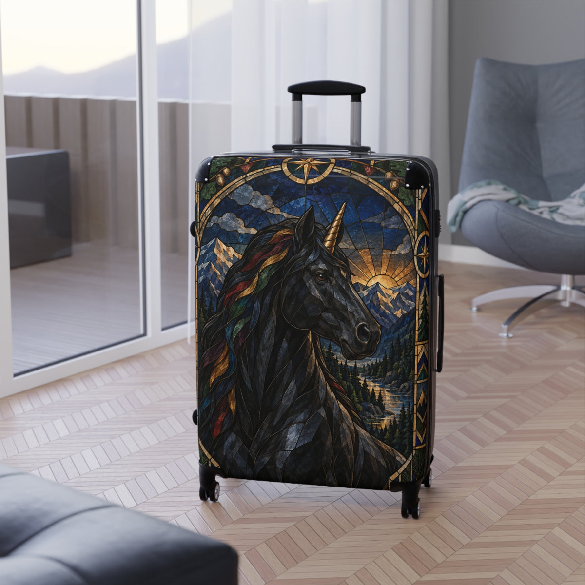 Guardian of the Rainbow Vale | Black Unicorn Stained-Glass Carry-On Suitcase