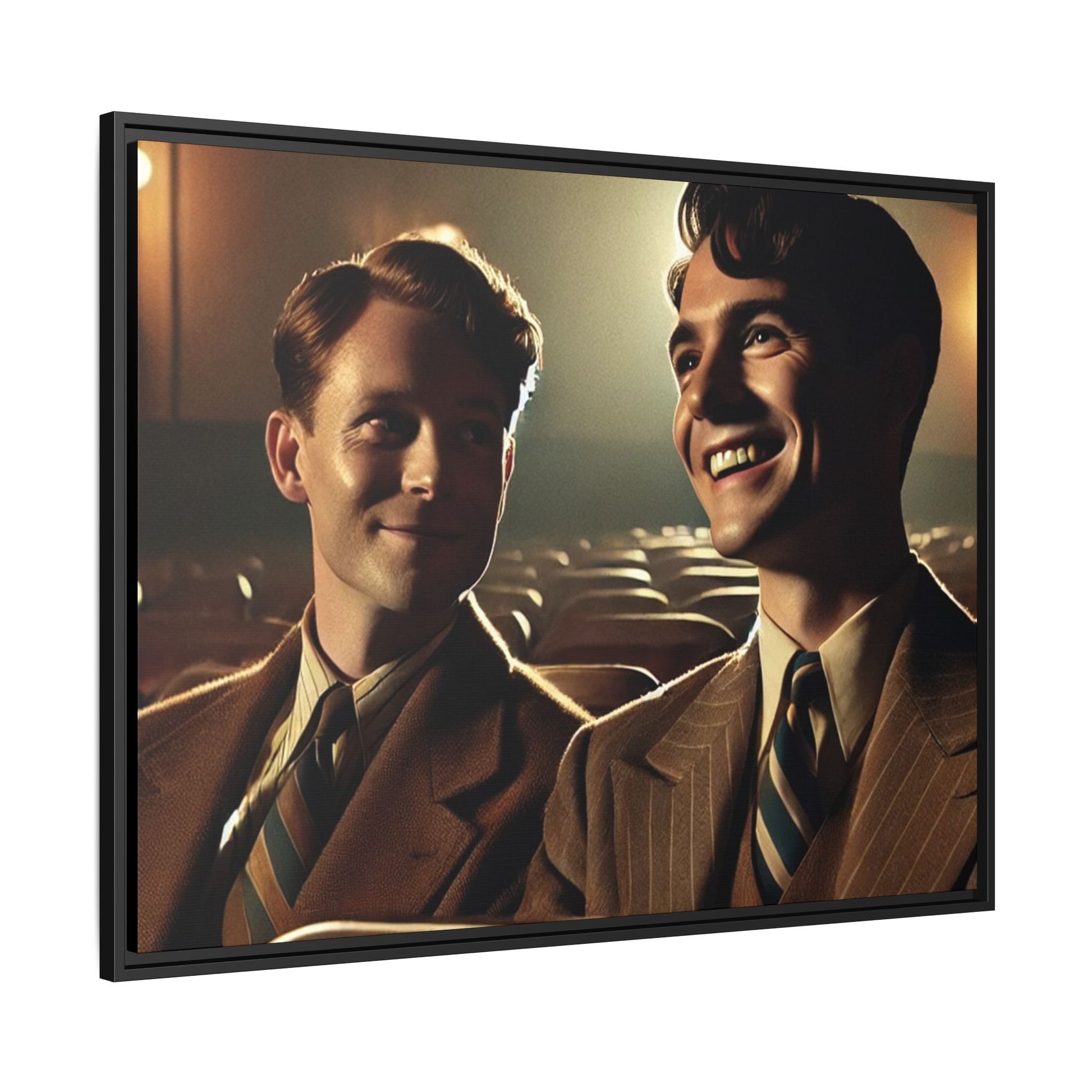 Vintage-style photo of two young men sharing an intimate moment on a date in a 1930s movie theater. Dressed in classic pinstripe suits, their smiles and close connection evoke the warmth and charm of the era, celebrating LGBTQ+ history and timeless romance.