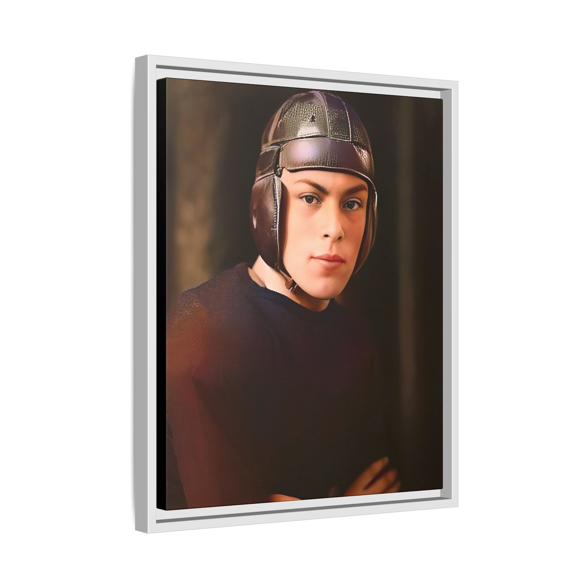 A vintage portrait of Andrew, a football player from Lincoln, Nebraska, in a classic leather helmet. This framed matte canvas print captures the grit and determination of early 20th-century sports, perfect for football fans and vintage art collectors.