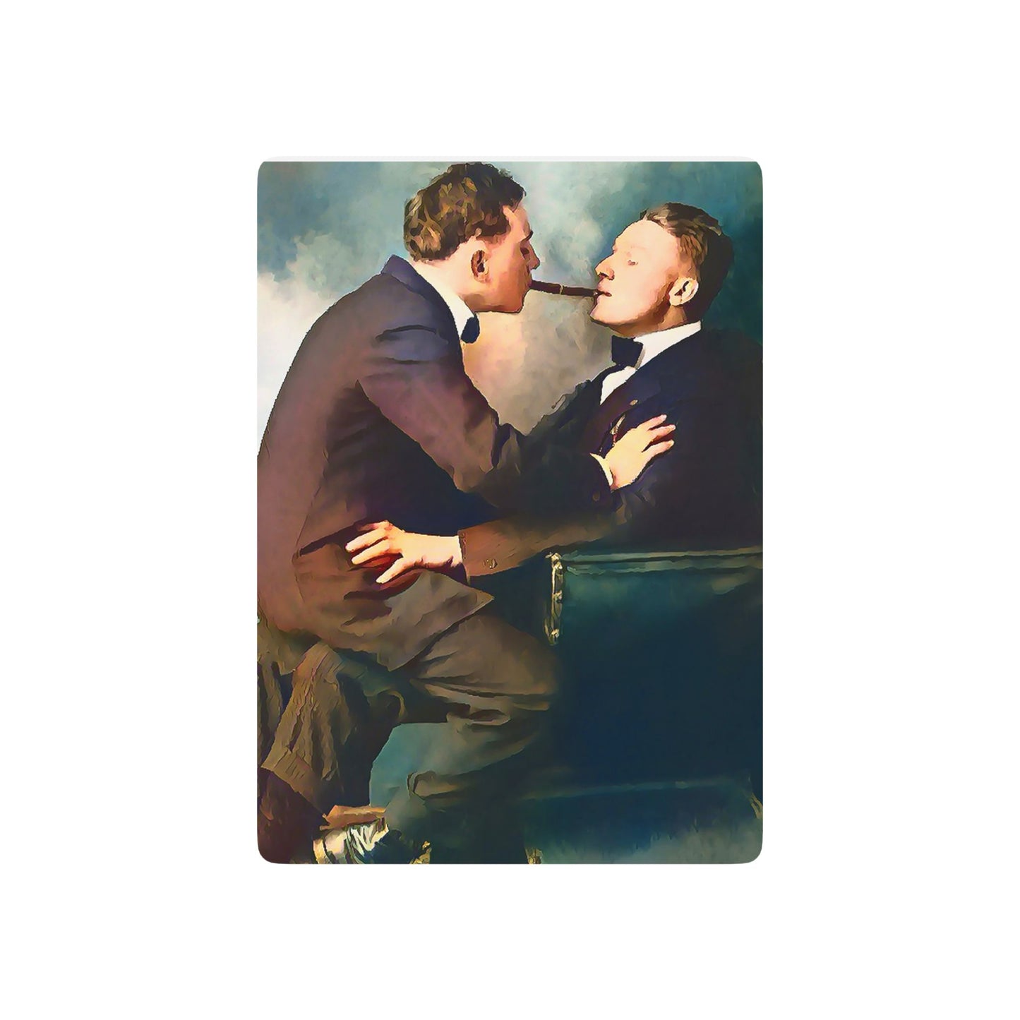 Vintage photo of two men in suits, one lighting the other’s cigar, symbolizing a hidden yet powerful Queer connection.