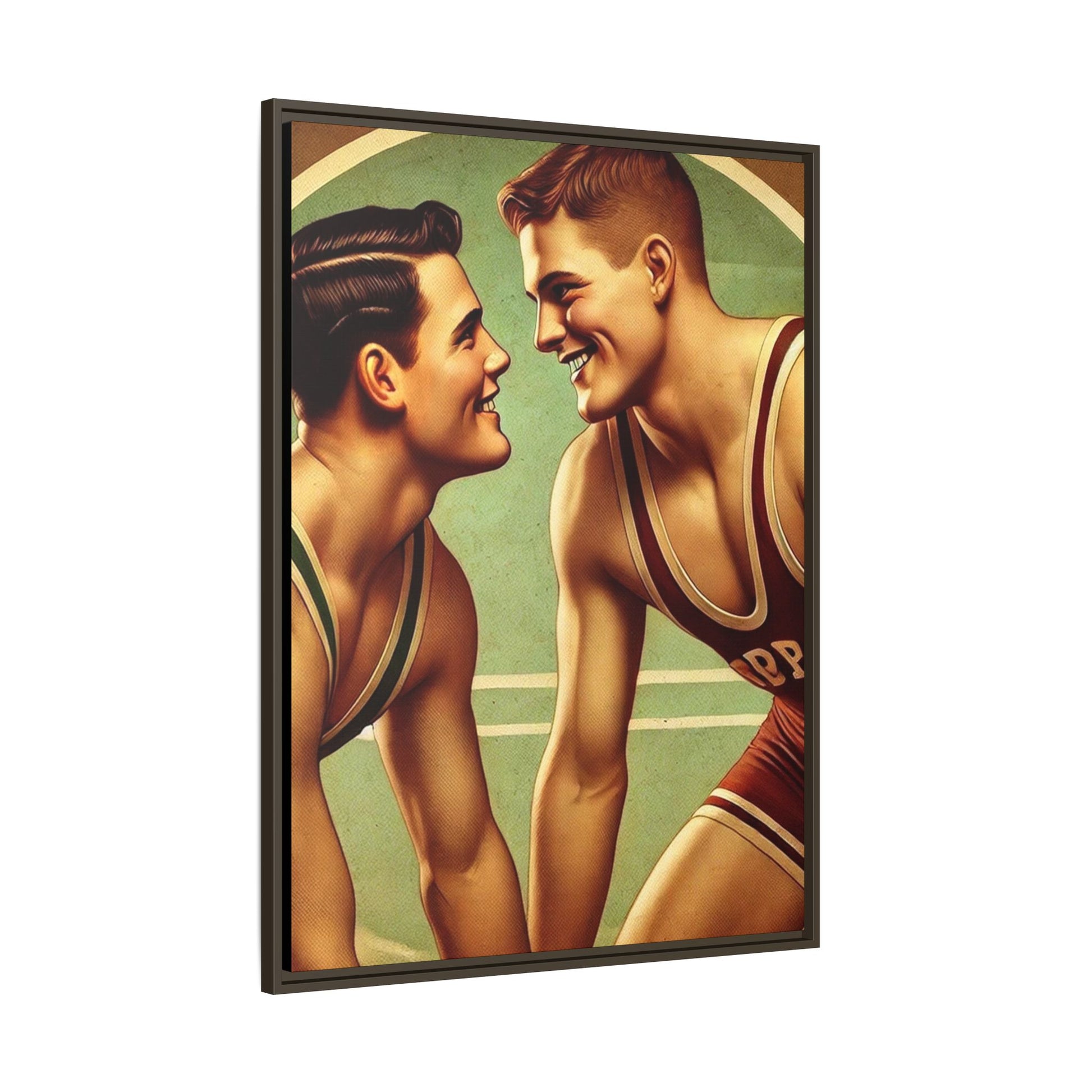 Framed artwork of two young wrestlers in vintage singlets on a stylized mat, inspired by Grant Wood's nostalgic Americana style.
