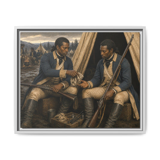 Historical framed canvas depicting Black Revolutionary War soldiers exchanging a cleaning cloth while repairing muskets in camp.