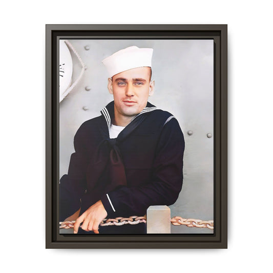 A restored vintage portrait of Francis aboard the USS Might. This framed matte canvas captures naval history, service, and timeless duty.