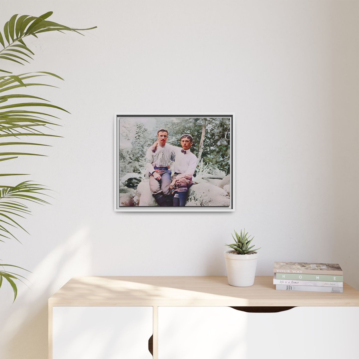 A framed vintage love portrait on matte canvas featuring Grover and Emil in Villamont, Virginia, capturing timeless LGBTQ+ connection and companionship. Gay Couple