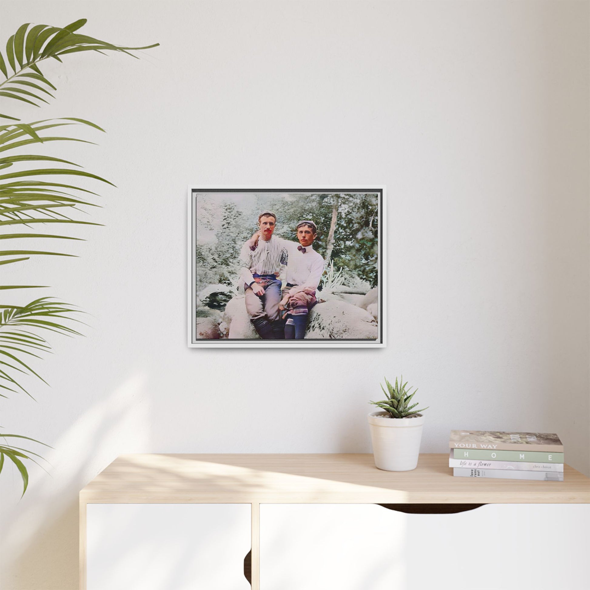 A framed vintage love portrait on matte canvas featuring Grover and Emil in Villamont, Virginia, capturing timeless LGBTQ+ connection and companionship. Gay Couple