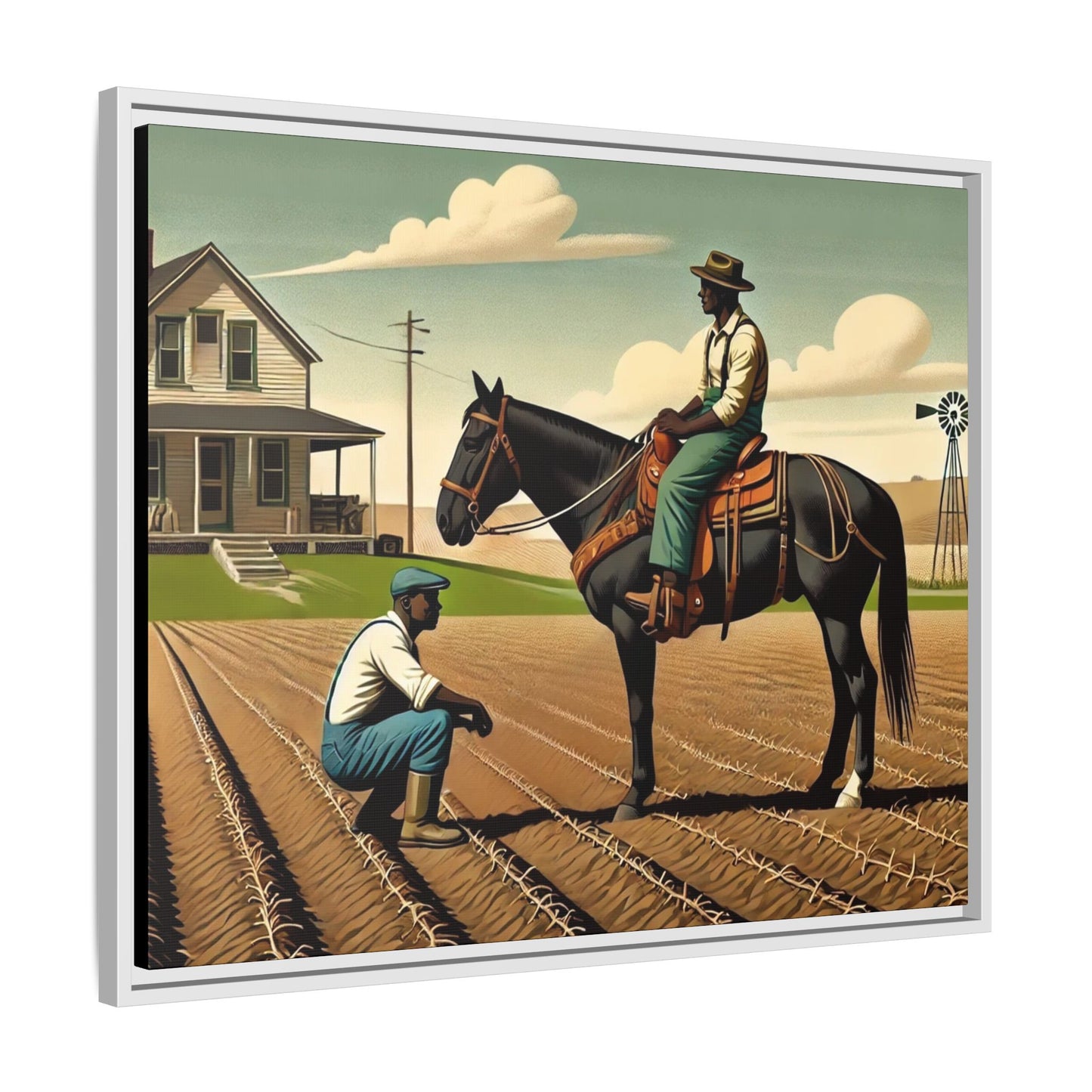 Artwork of an African American queer couple working together on a farm in a serene, vintage-inspired landscape. One man sits on horseback, gazing warmly at his partner, who examines the soil, symbolizing their partnership in both love and labor. The scene captures resilience, companionship, and the beauty of rural life.